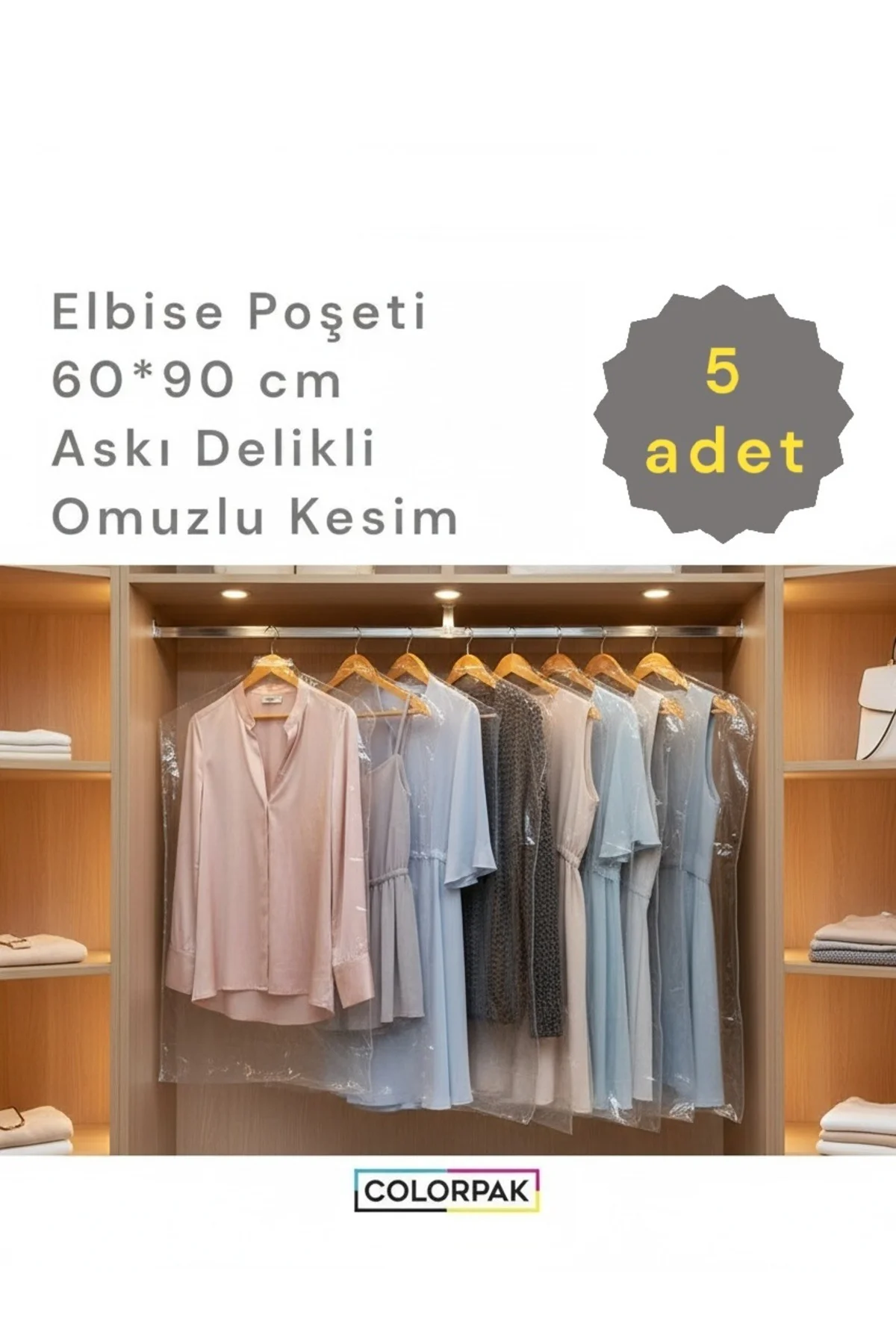 Elbise Poşeti (60*90 CM) Askı Delikli Omuzlu Kesim (5 ADET) Şeffaf Kıyafet Koruma Hurç Kılıf Naylon
