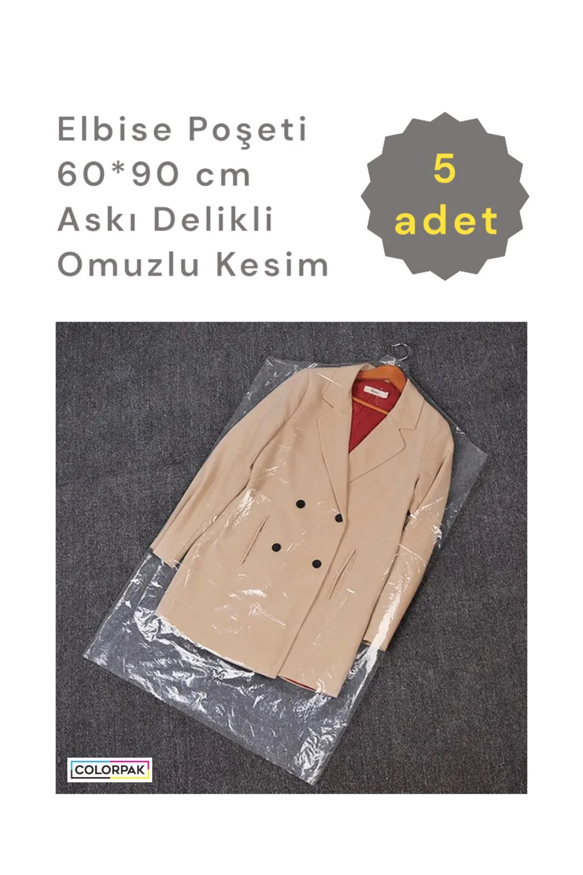 Elbise Poşeti (60*90 CM) Askı Delikli Omuzlu Kesim (5 ADET) Şeffaf Kıyafet Koruma Hurç Kılıf Naylon