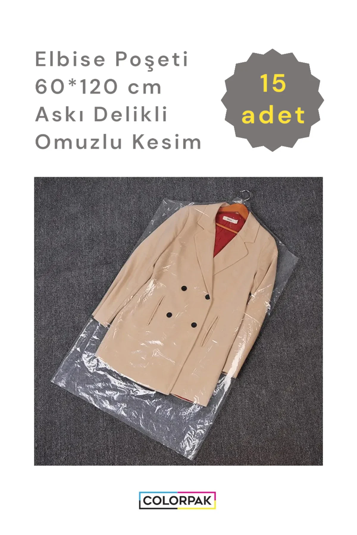 Elbise Poşeti (60X120 CM) Askı Delikli Omuzlu Kesim (15ADET) Şeff
