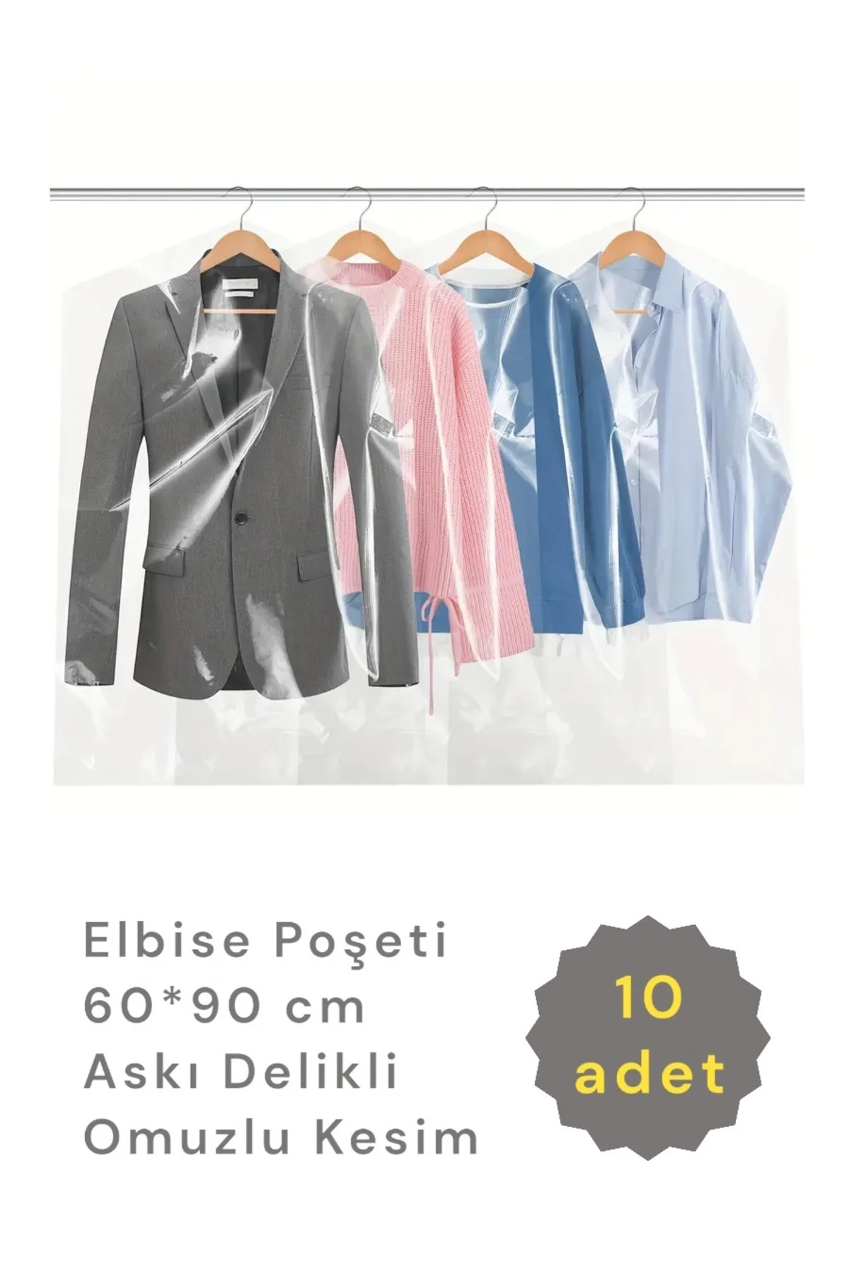 Elbise Poşeti (60X90 CM) Askı Delikli Omuzlu Kesim (10 ADET) Şeff