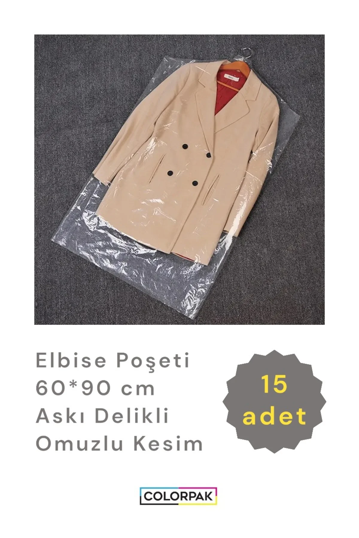 Elbise Poşeti (60X90 CM) Askı Delikli Omuzlu Kesim (15 ADET) Şeff