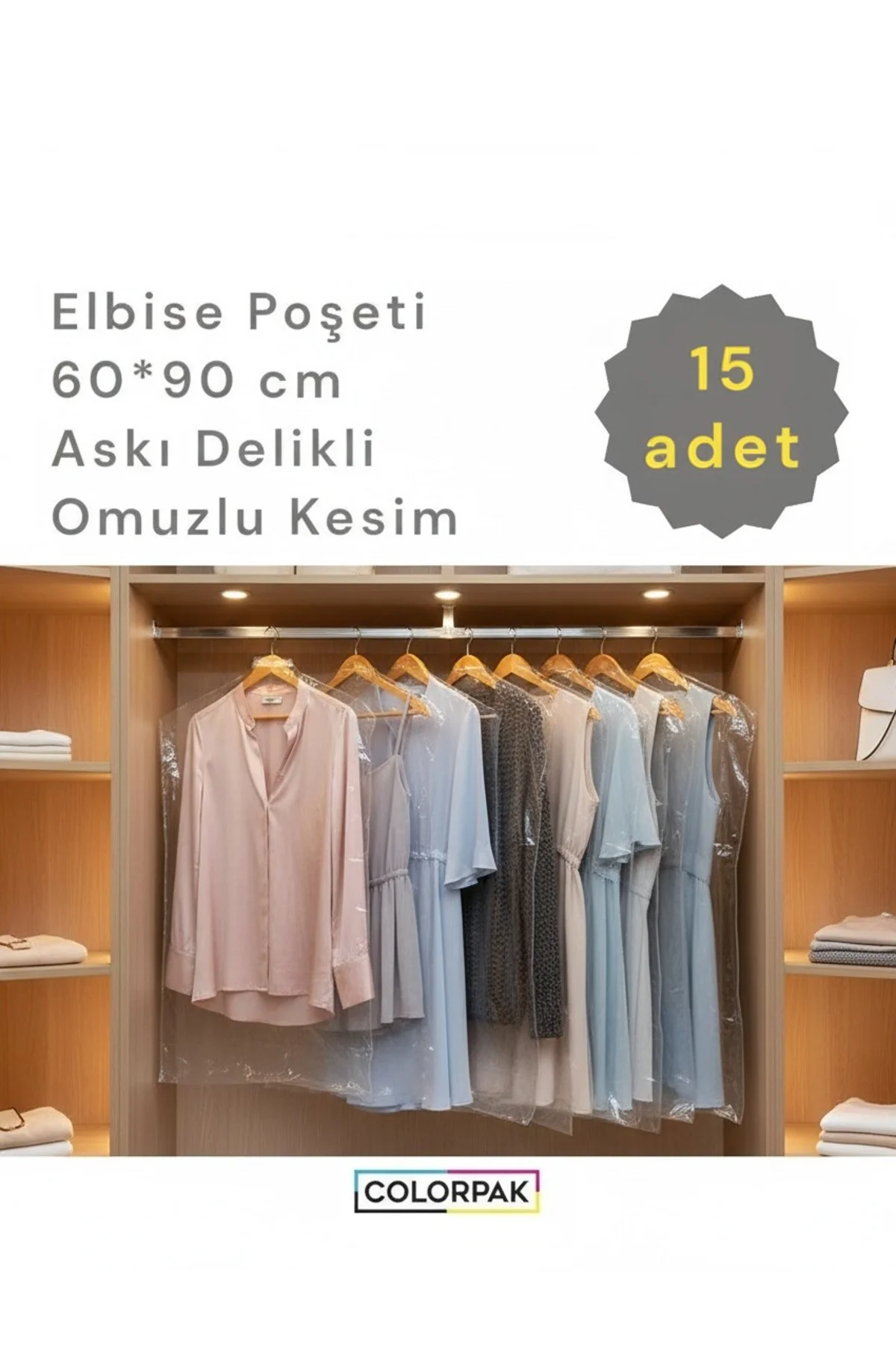 Elbise Poşeti (60X90 CM) Askı Delikli Omuzlu Kesim (15 ADET) Şeff