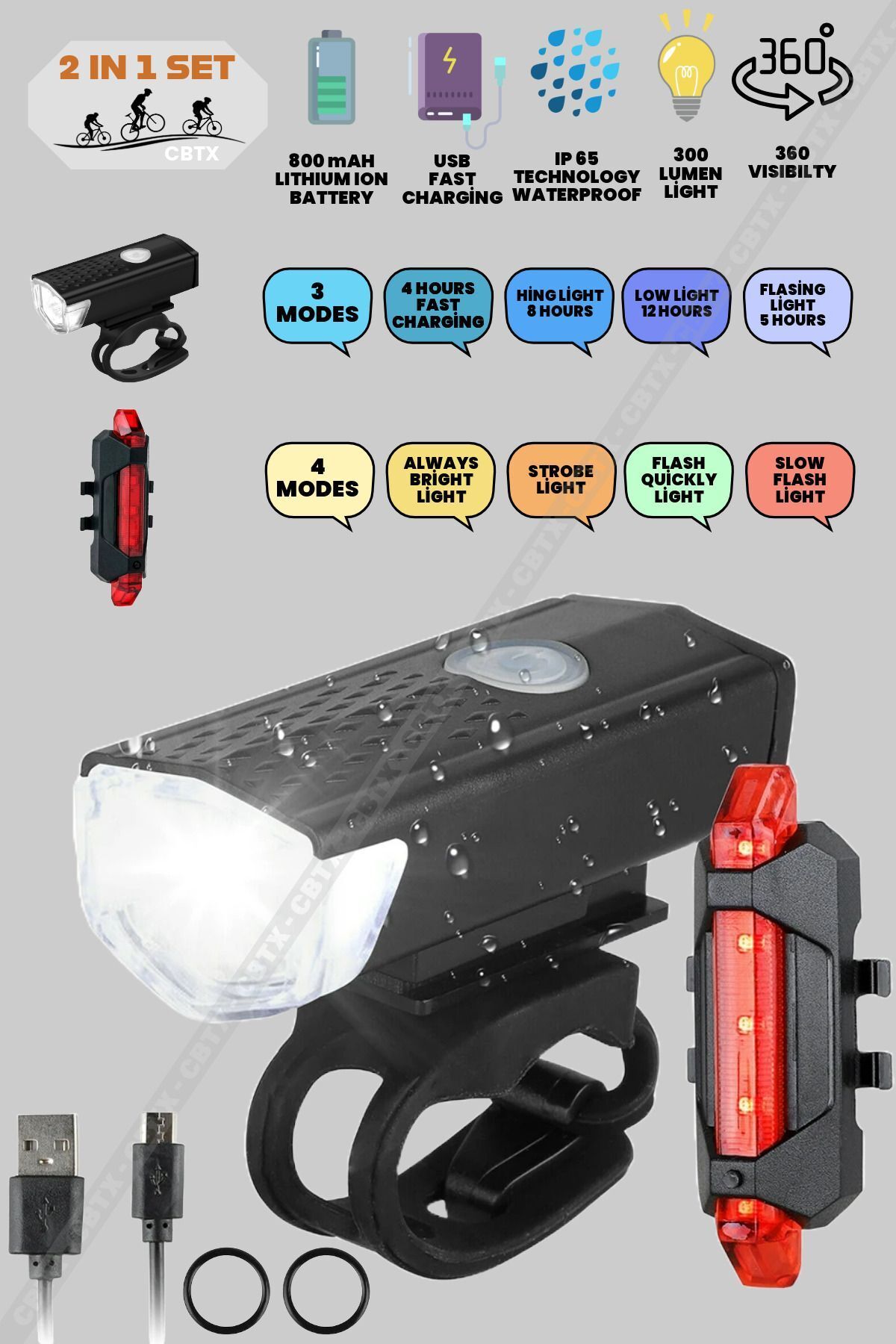 ELDRİVE Usb Şarj Edilebilir Led Bisiklet Far Ön Işık Kuyruk Lambası