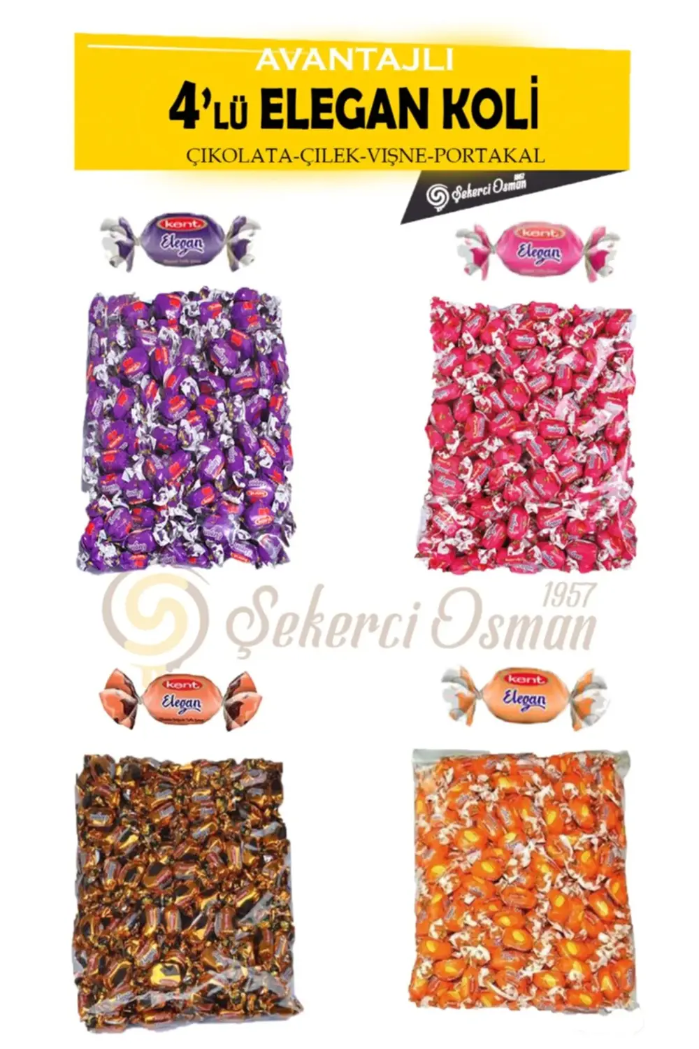 Elegan 4'lü Avantajlı Koli (ÇİKOLATA-PORTAKAL-VİŞNE-ÇİLEK) 4kg -
