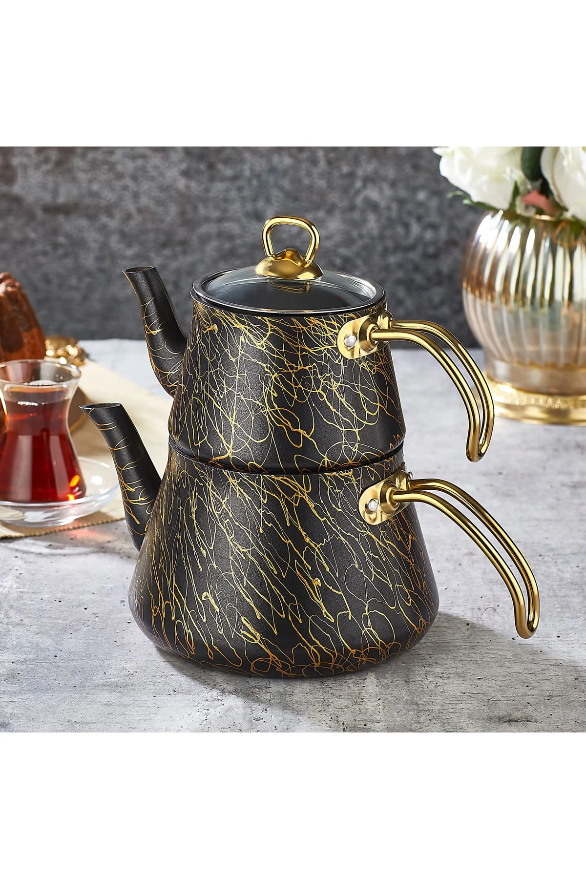 Elegance Granit Orta Aile Boy Çaydanlık Üst Demlik: 1 Lt Alt Deml