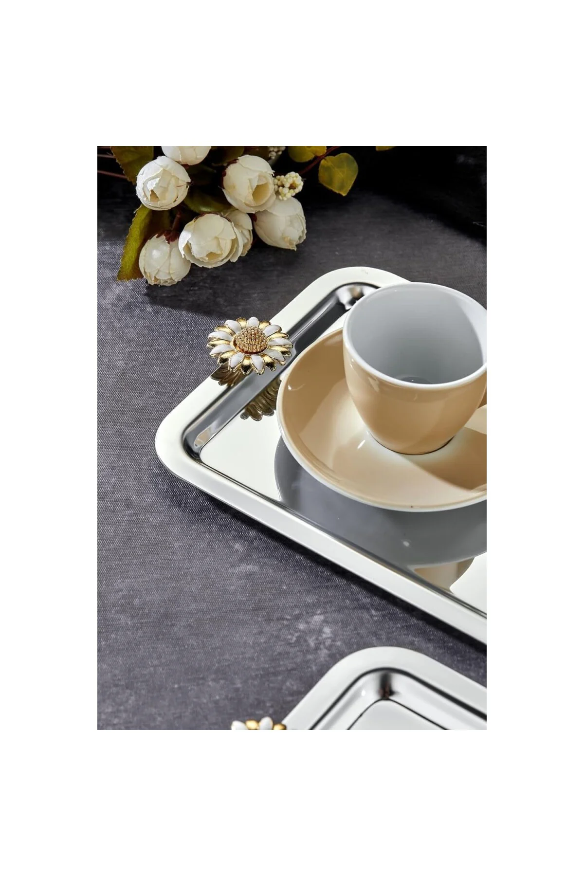 Elegante Noir Serisi, Duo Bella Flora Kulp Desenli Krom Sunum Söz Nişan Tepsisi, 22x16cm
