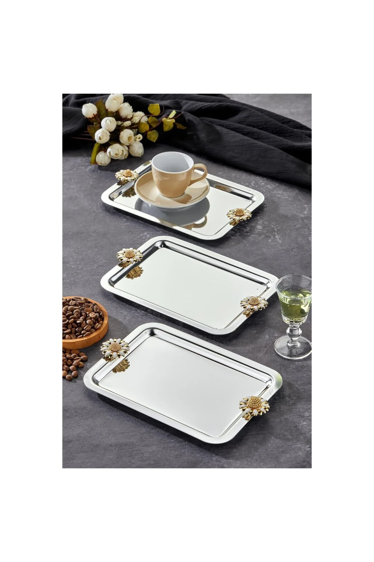 Elegante Noir Serisi, Duo Bella Flora Kulp Desenli Krom Sunum Söz Nişan Tepsisi, 22x16cm