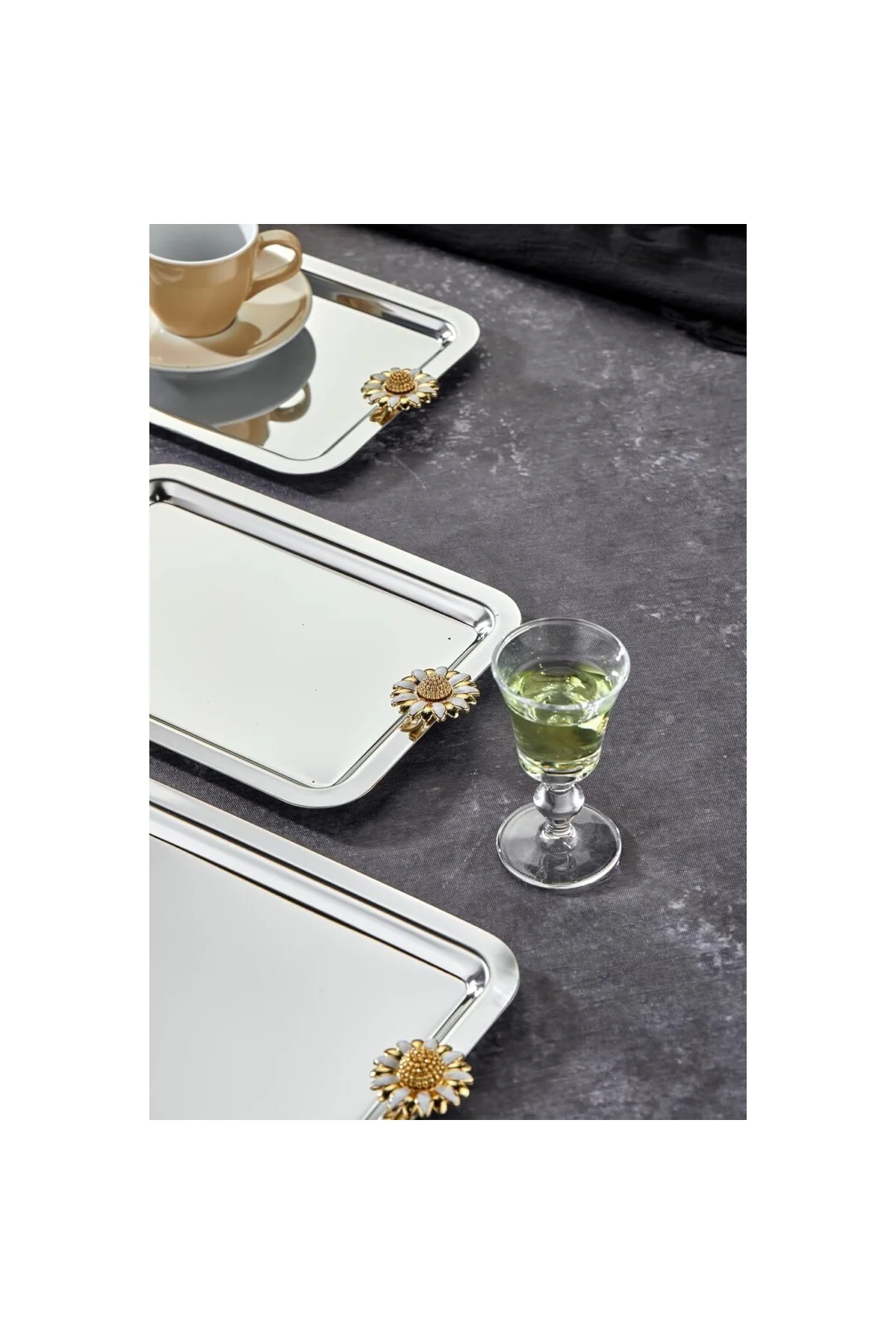 Elegante Noir Serisi, Duo Bella Flora Kulp Desenli Krom Sunum Söz Nişan Tepsisi, 22x16cm