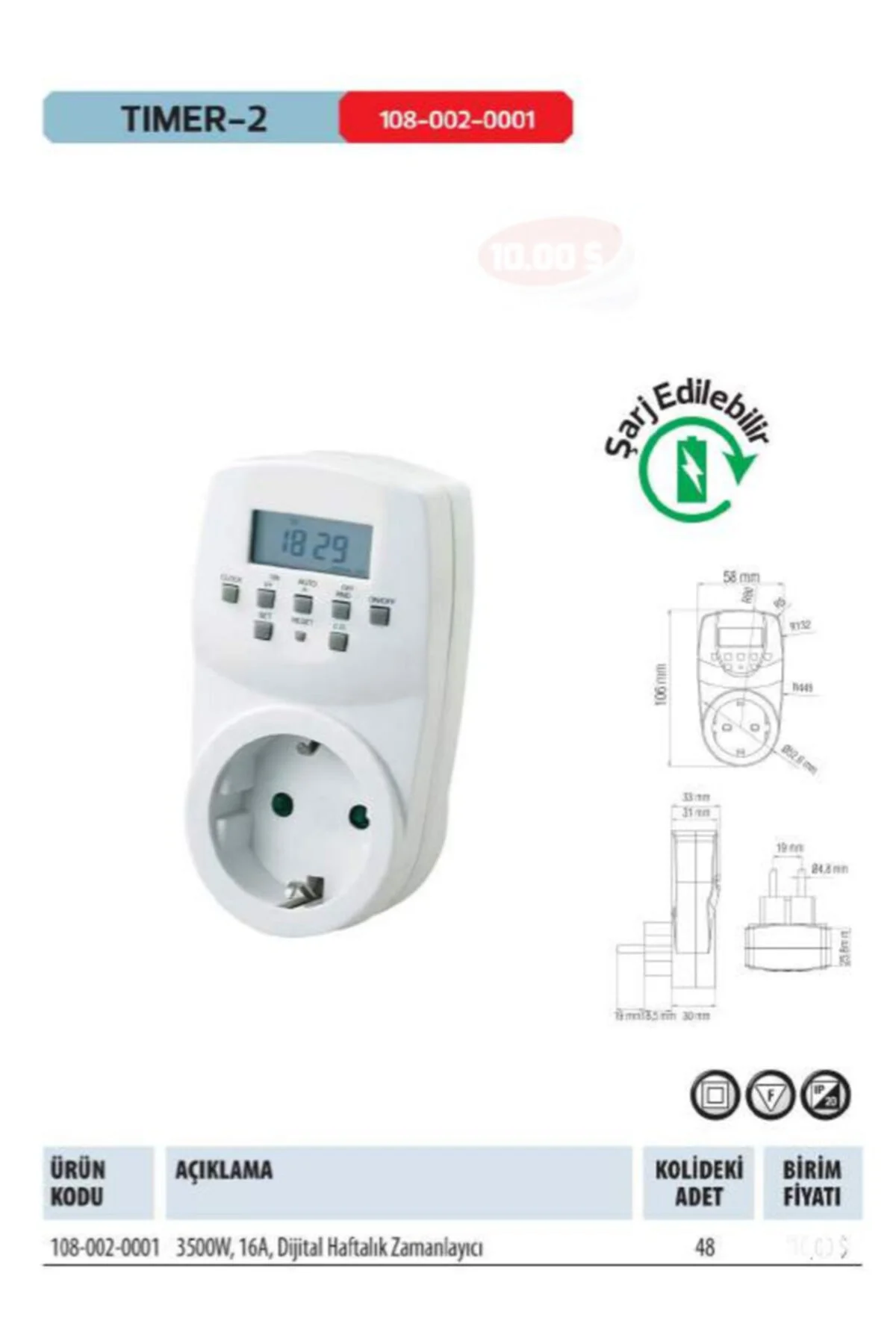 Elektrik Prizi Dijital Haftalık Zamanlayıcı Priz Timer-2 108 002 