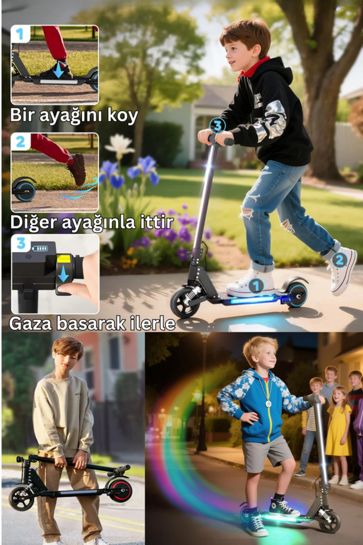 Elektrikli Çocuk Scooter - Çift Frenli Katlanabilir - LED Işıklı - Ön Çift Süspansiyonlu 8+ Elektrikli Çocuk Scooter - Çift Frenli Katlanabilir - LED Işıklı - Ön Çift Süspansiyonlu 8+ Fiyatı, Yorumları ve Özellikleri