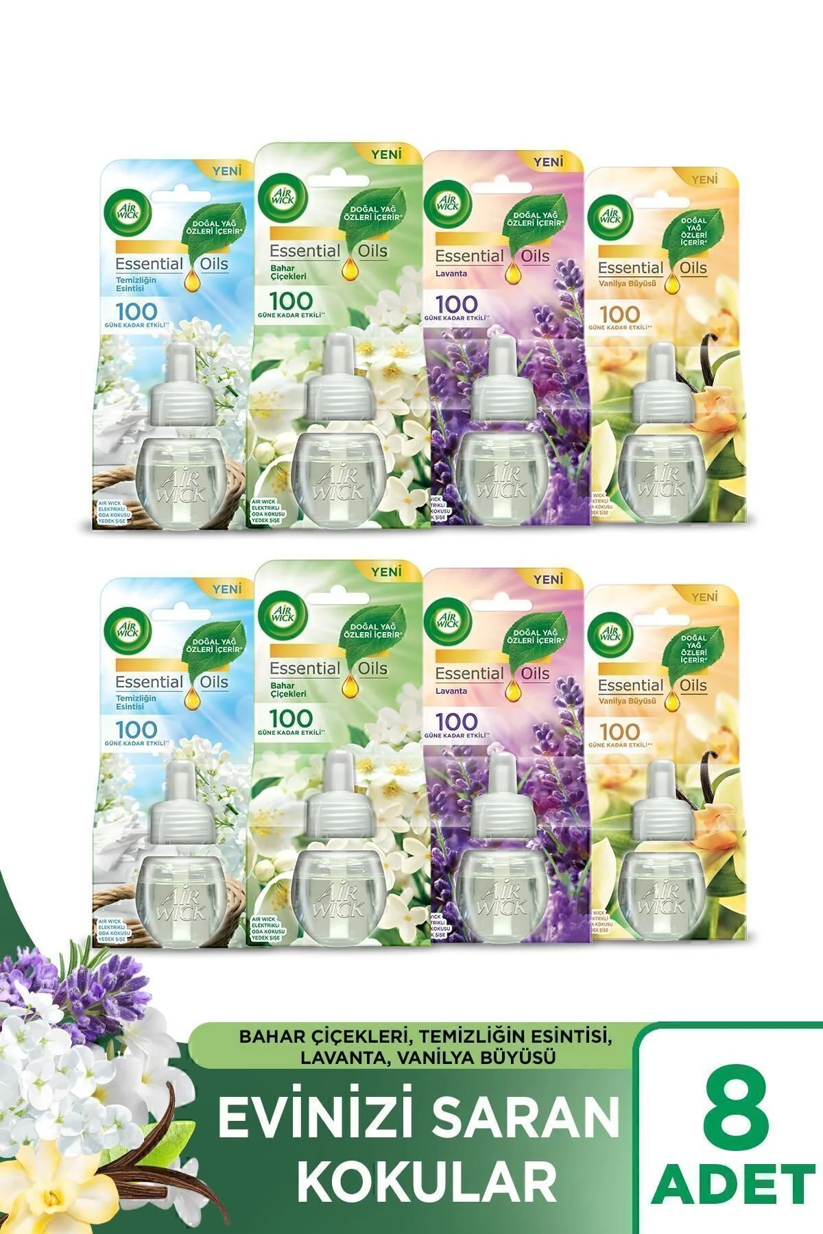Elektrikli Oda Kokusu Yedek Şişe 8'li Set ( 2 Bahar-2 Temizlik-2 Lavanta-2 Vanilya)