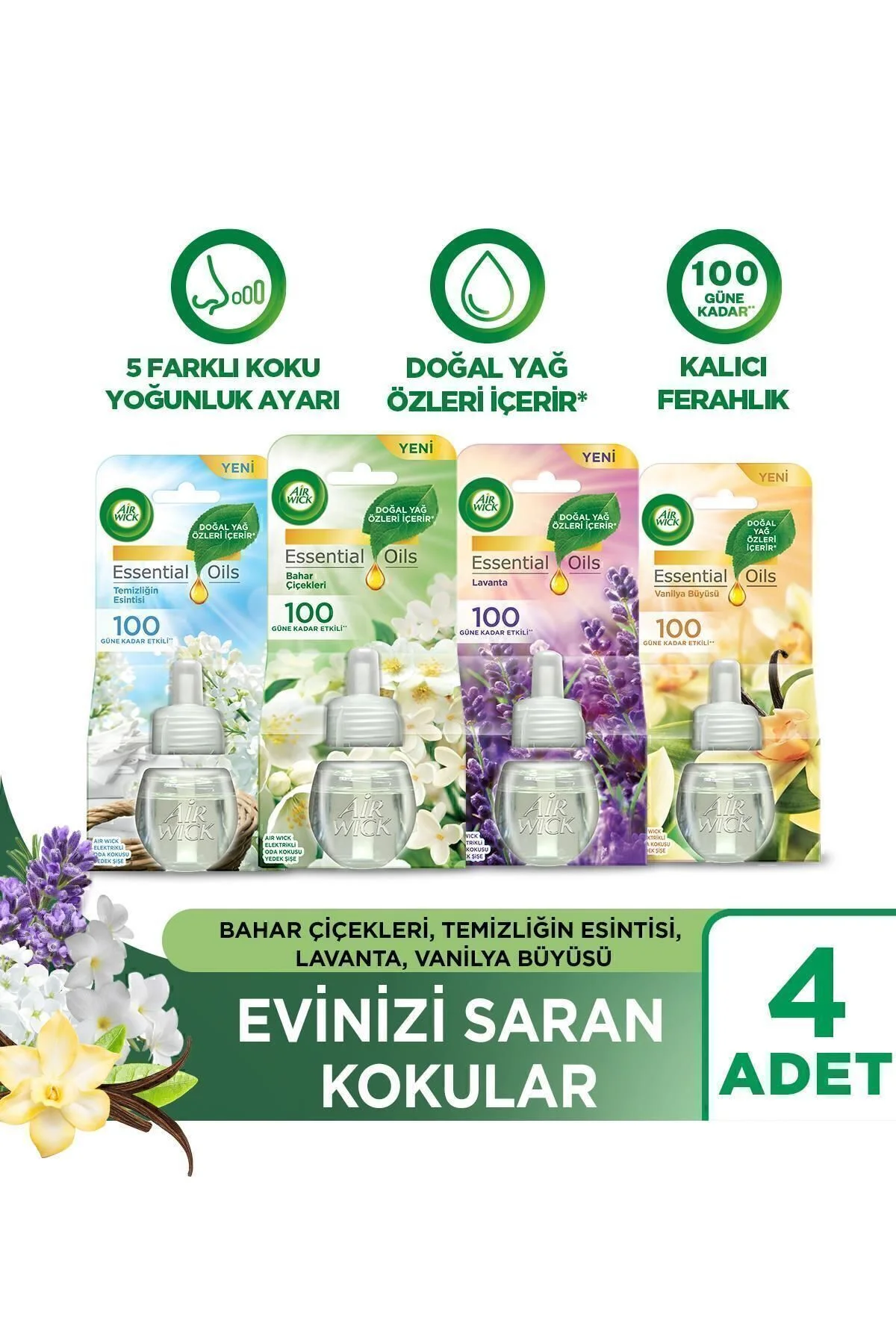 Elektrikli Oda Kokusu Yedek Şişe 4 Lü Set (1 BAHAR -1 TEMİZLİK -1 LAVANTA-1 VANİLYA)