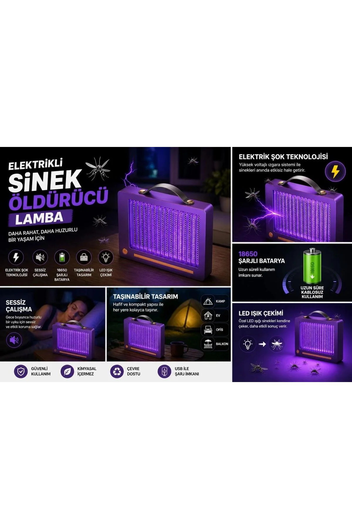 Elektrikli Sinek Öldürücü Lamba | Şarjlı, Sessiz, Led Işıklı Etki