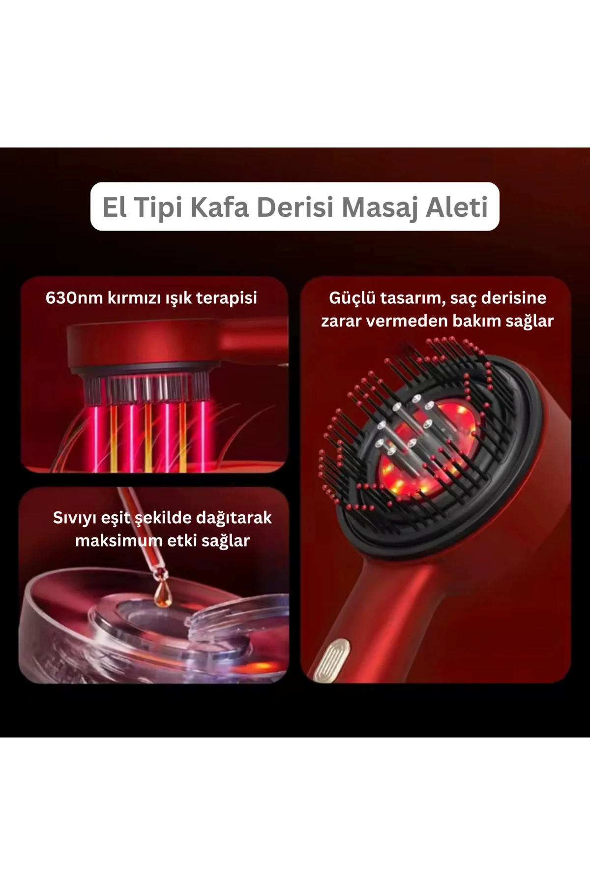 Elektrikli titreşimli masaj tarak kırmızı ışık terapili ve sıvı yağ aplikatörlü - Süpermarket
