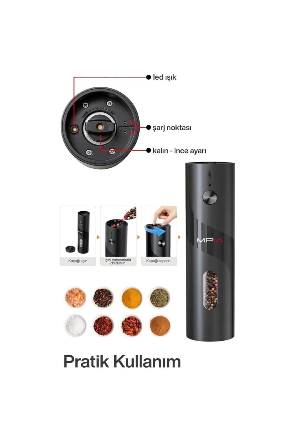 Elektrikli Tuz ve Karabiber Değirmeni Şarjlı Otomatik Baharat Öğü