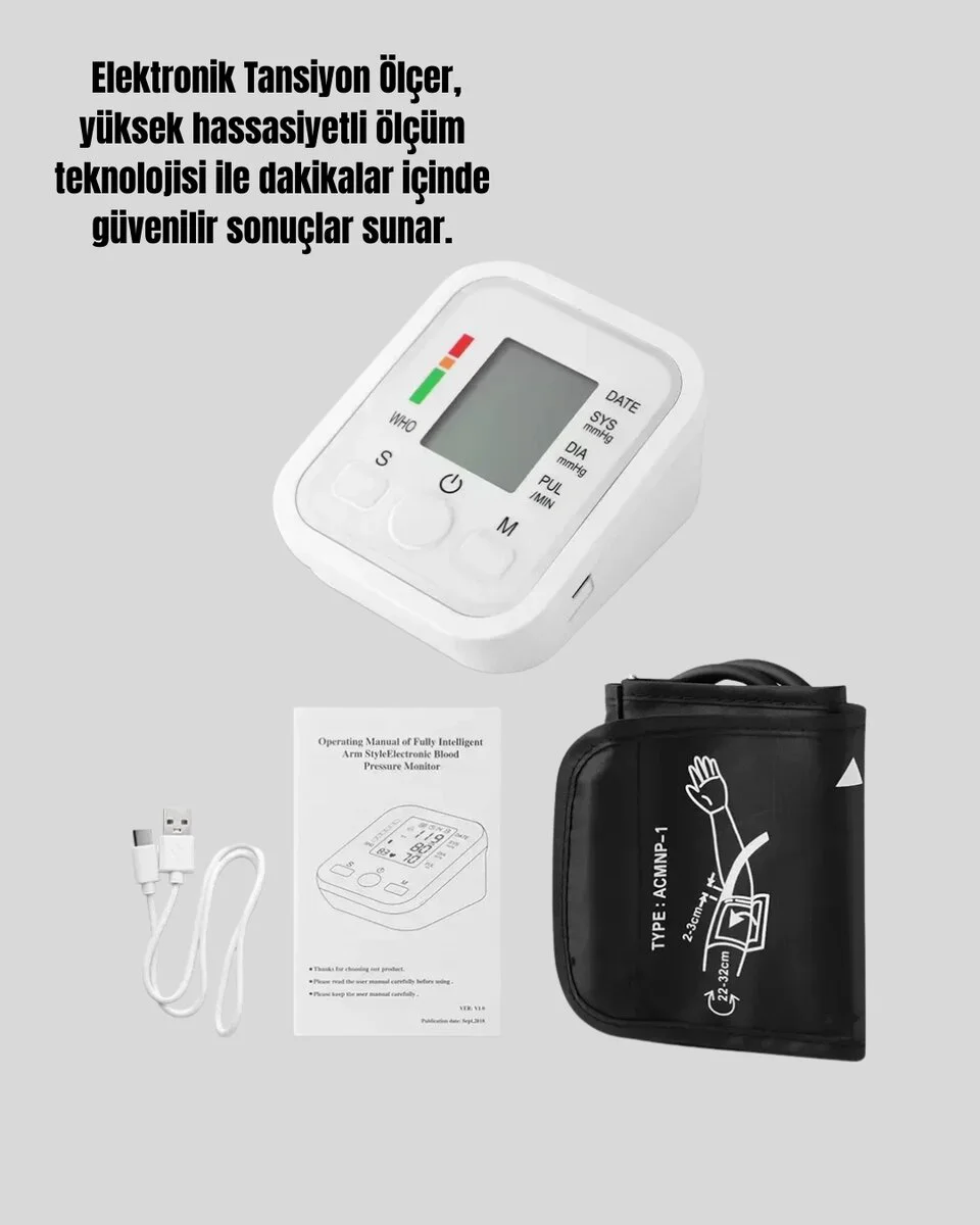 Elektronik Tansiyon Ölçer LCD Dijital Ekranlı - Evde Kan Basıncı Takibi