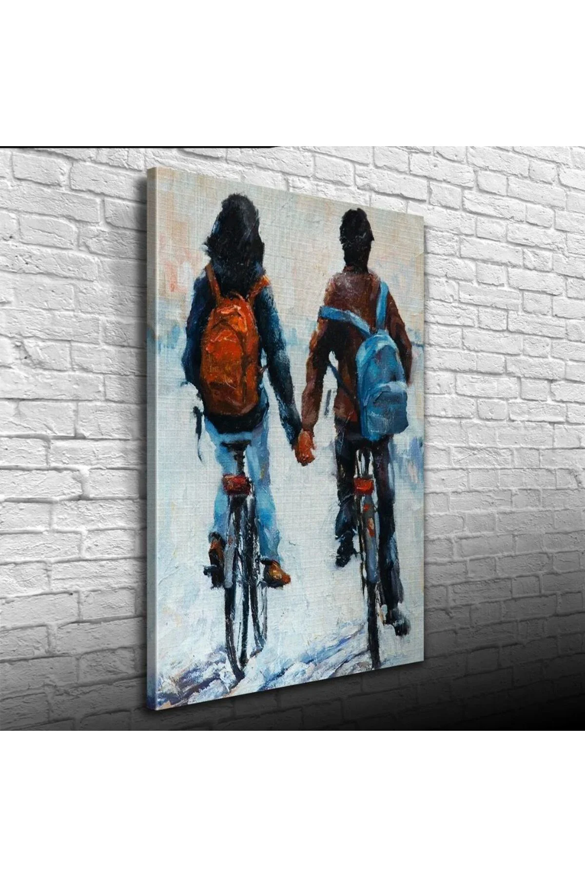 Elele Bisiklet Süren Sevgililer Yağlıboya Kanvas Tablo 50 x 70