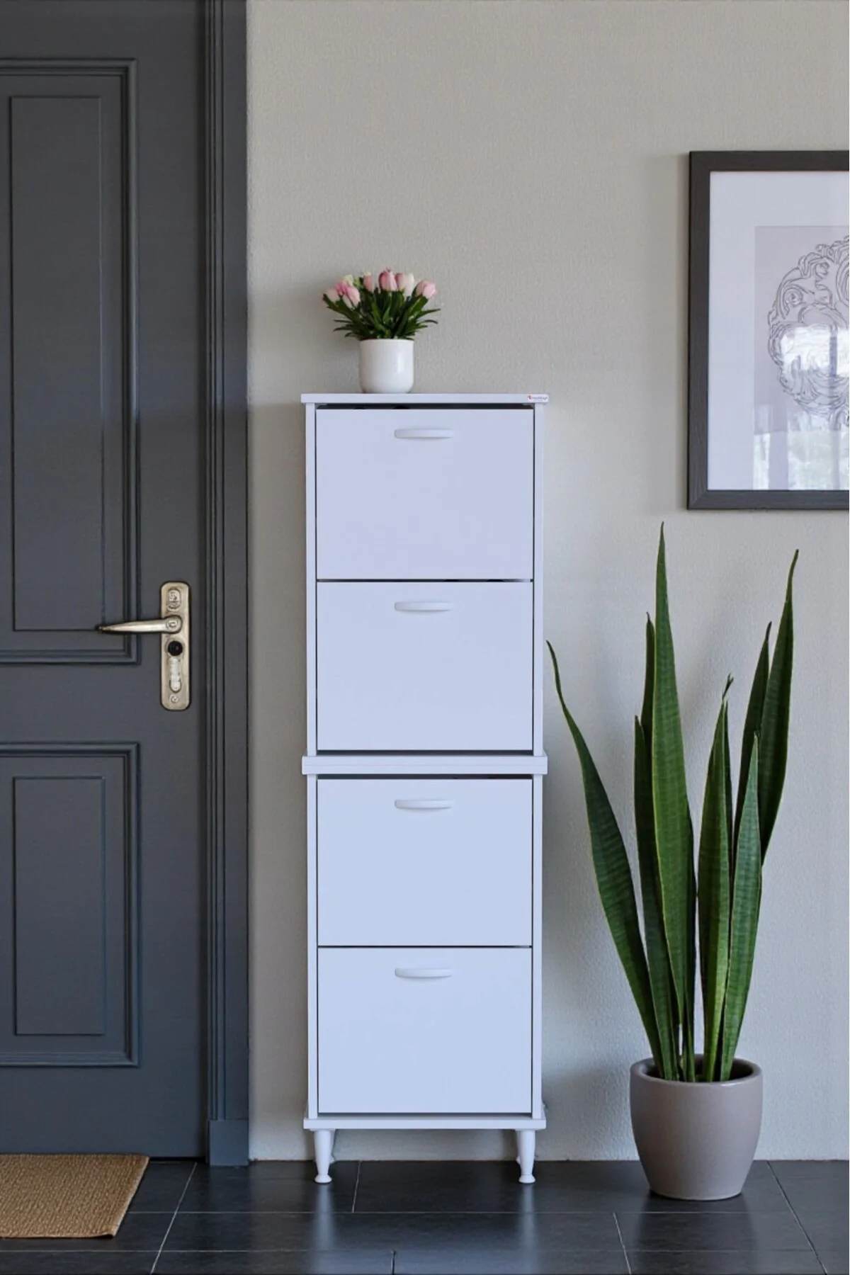 Elenio 52 cm Genişlik Beyaz Renk Ayaklı 4 Kapaklı Ayakkabılık 52x