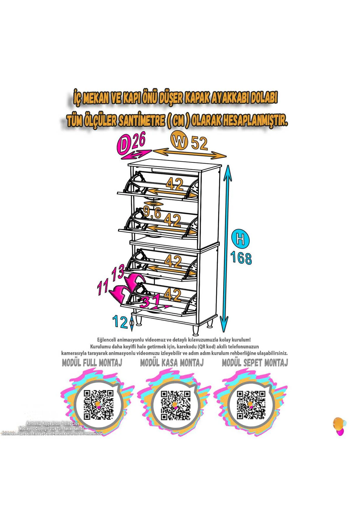 Elenio 52 cm Genişlik Beyaz Renk Ayaklı 4 Kapaklı Ayakkabılık 52x