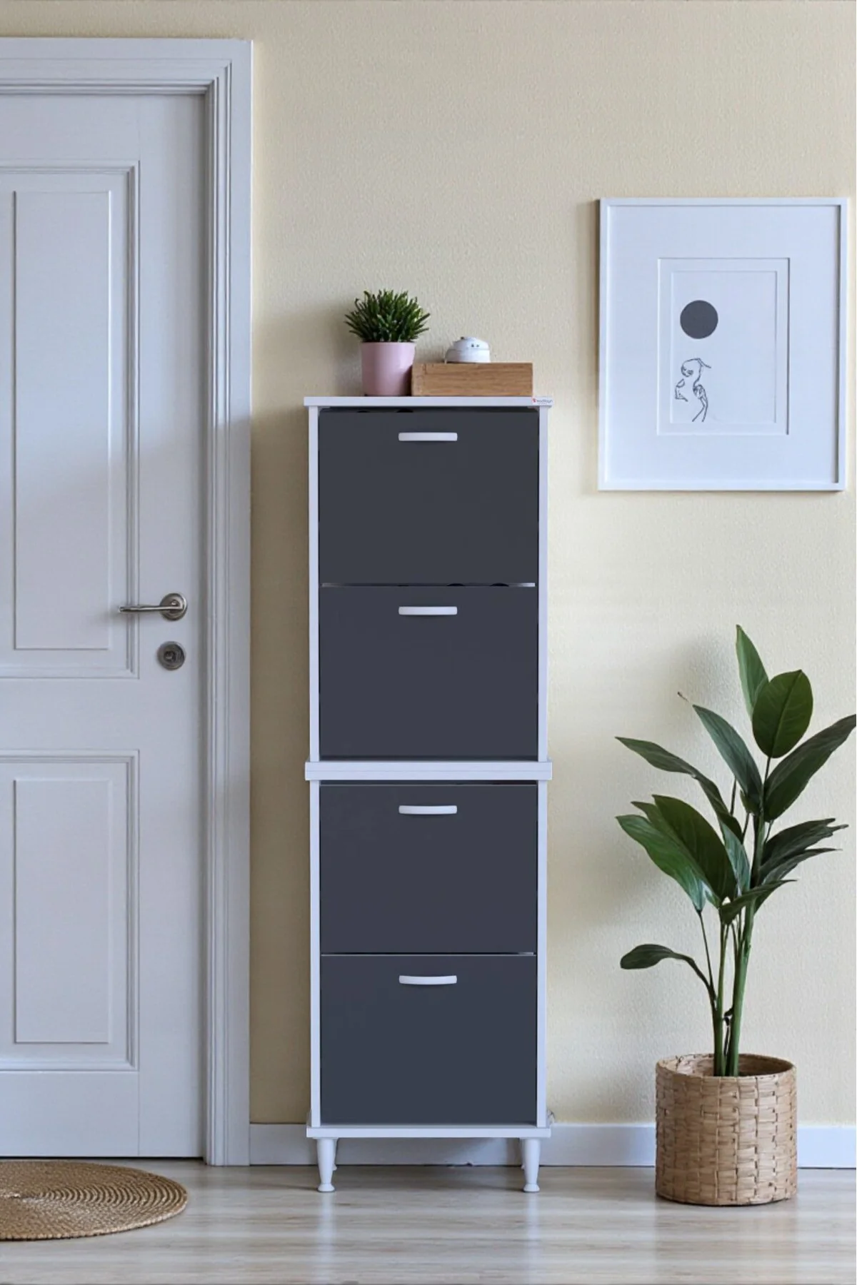 Elenio 52 cm Genişlik Antrasit Renk Ayaklı 4 Kapaklı Ayakkabılık Elenio 52 cm Genişlik Antrasit Renk Ayaklı 4 Kapaklı Ayakkabılık