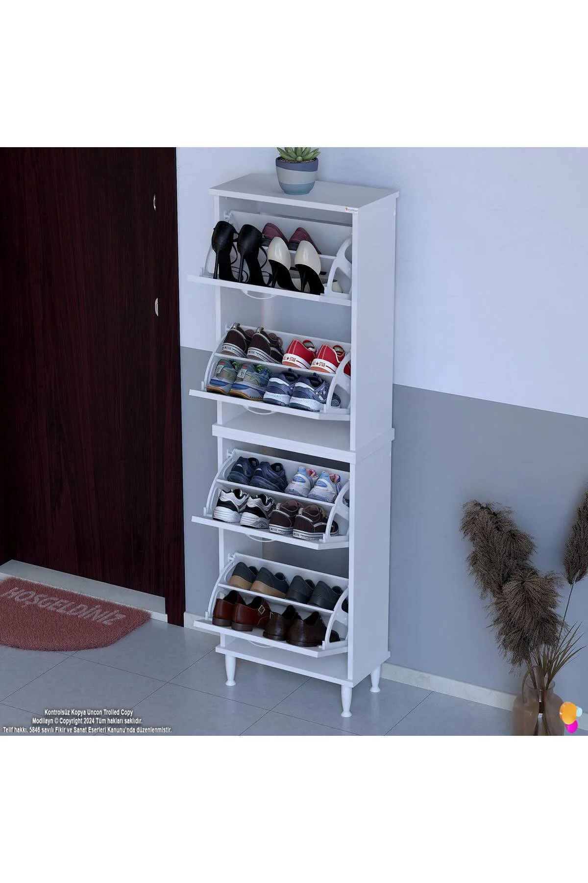 Elenio 52 cm Genişlik Beyaz Renk Ayaklı 4 Kapaklı Ayakkabılık 52x