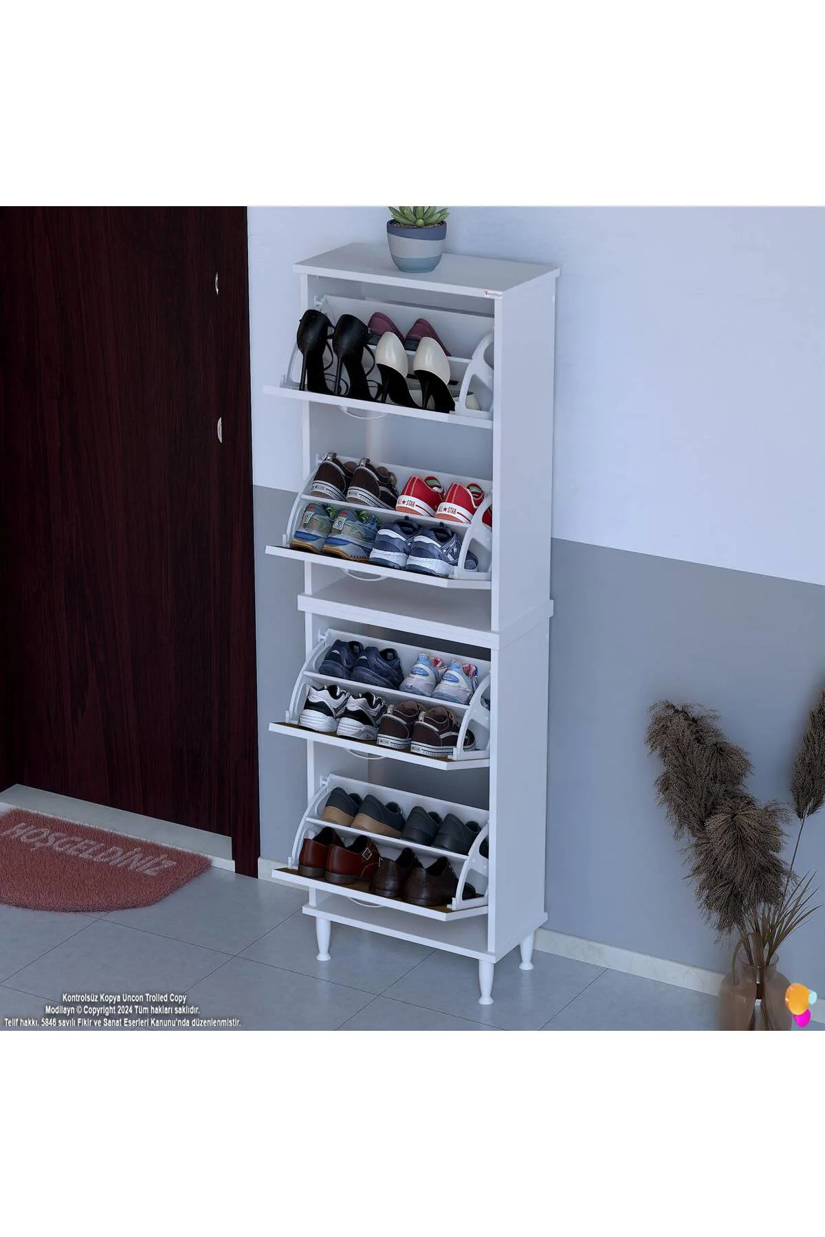 Elenio 52 cm Genişlik Ceviz Renk Ayaklı 4 Kapaklı Ayakkabılık 52x Elenio 52 cm Genişlik Ceviz Renk Ayaklı 4 Kapaklı Ayakkabılık 52x