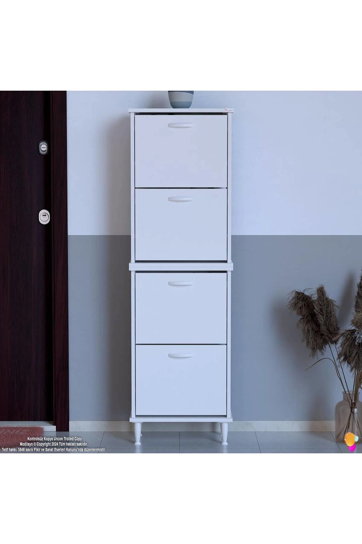 Elenio 52 cm Genişlik Beyaz Renk Ayaklı 4 Kapaklı Ayakkabılık 52x