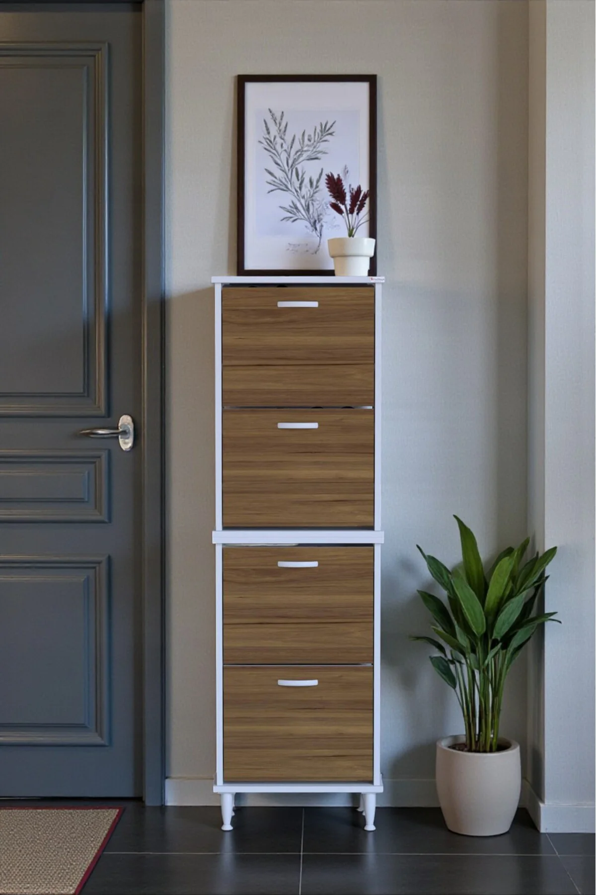 Elenio 52 cm Genişlik Ceviz Renk Ayaklı 4 Kapaklı Ayakkabılık 52x Elenio 52 cm Genişlik Ceviz Renk Ayaklı 4 Kapaklı Ayakkabılık 52x