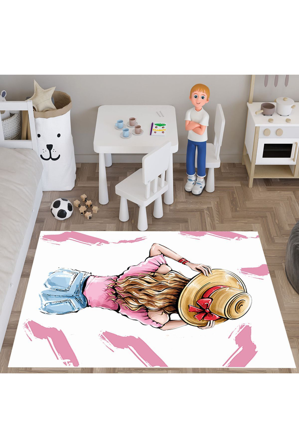 Evan Home Elle Çizilmiş Desenli Çocuk Odası Takım Perde (İki Kanat),Yatak Örtüsü,Yastık,Kırlent ,Halı,Tablo