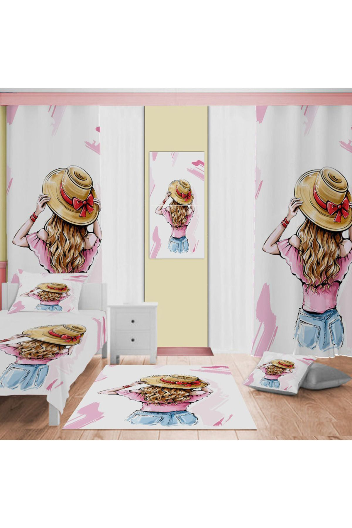 Evan Home Elle Çizilmiş Desenli Çocuk Odası Takım Perde (İki Kanat),Yatak Örtüsü,Yastık,Kırlent ,Halı,Tablo