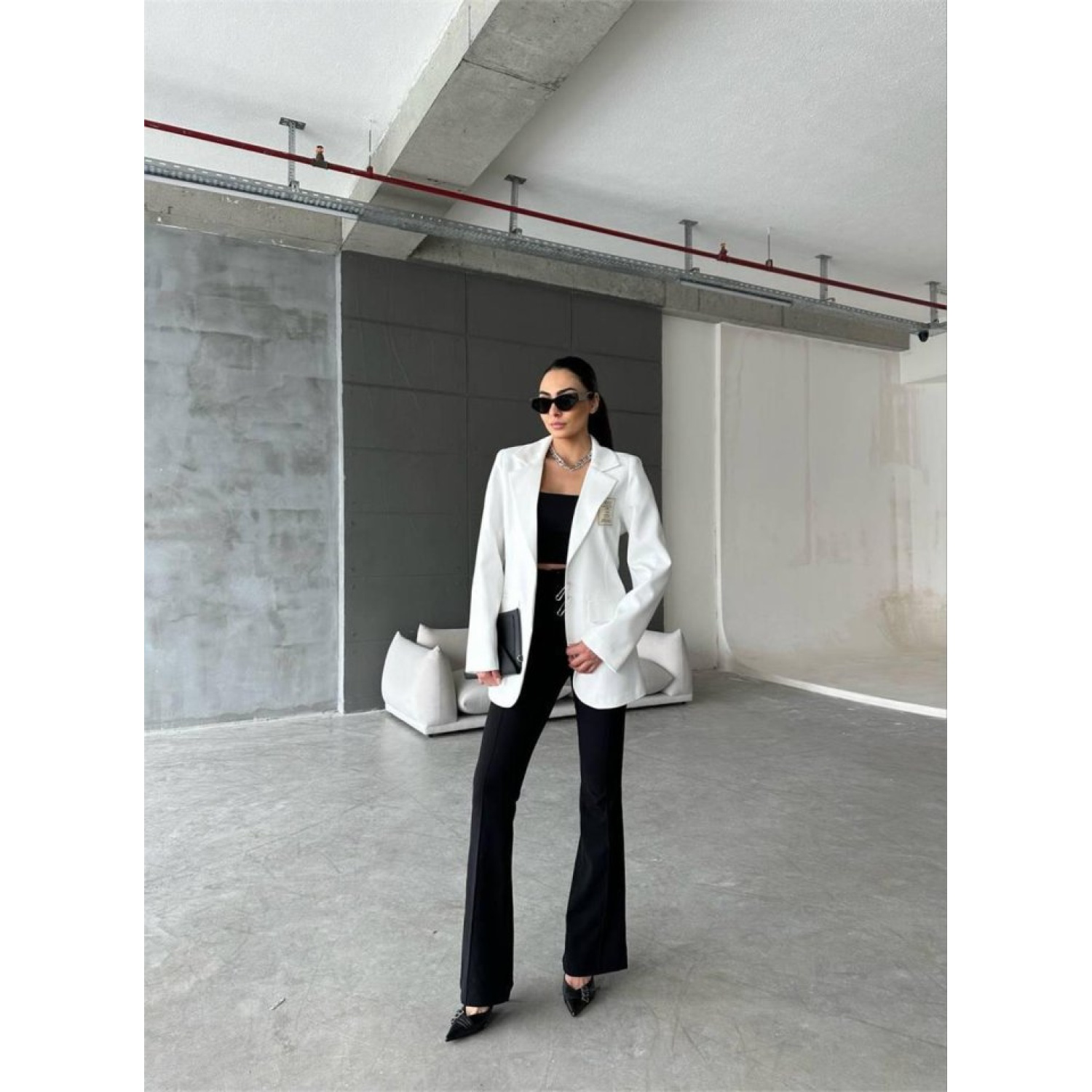 ELLO ETİKETLİ ÇENGELLİ İĞNE DETAYLI CEKET - Beyaz