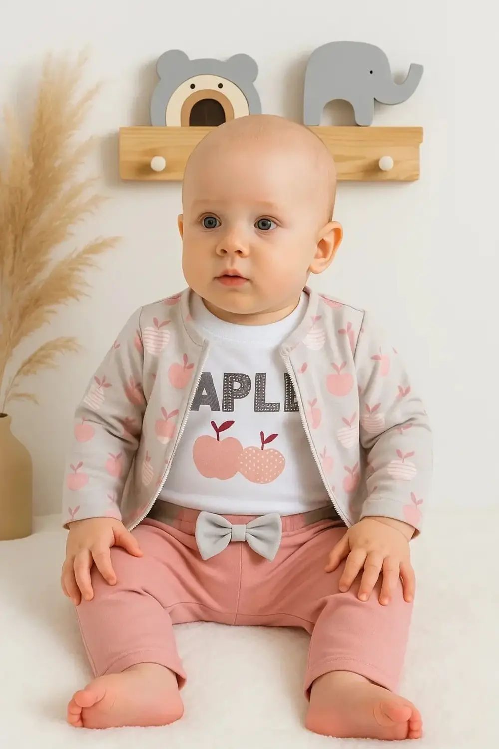 Elma Desenli Ceketli 3'lü Kız Bebek Takımı
