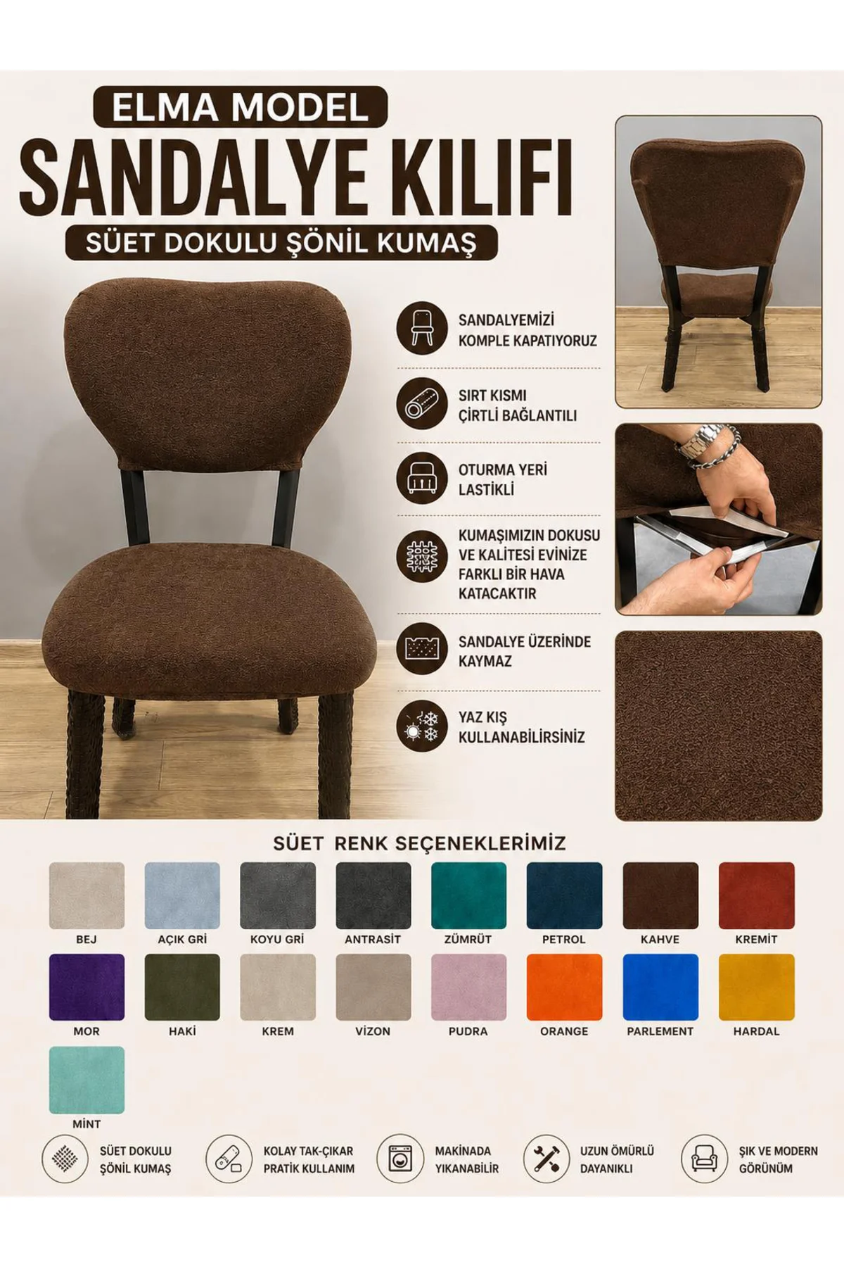 ELMA TİPİ SANDALYE KILIFI SÜET ŞÖNİL KUMAŞ, SIRT ARKASI DAHİL KAP