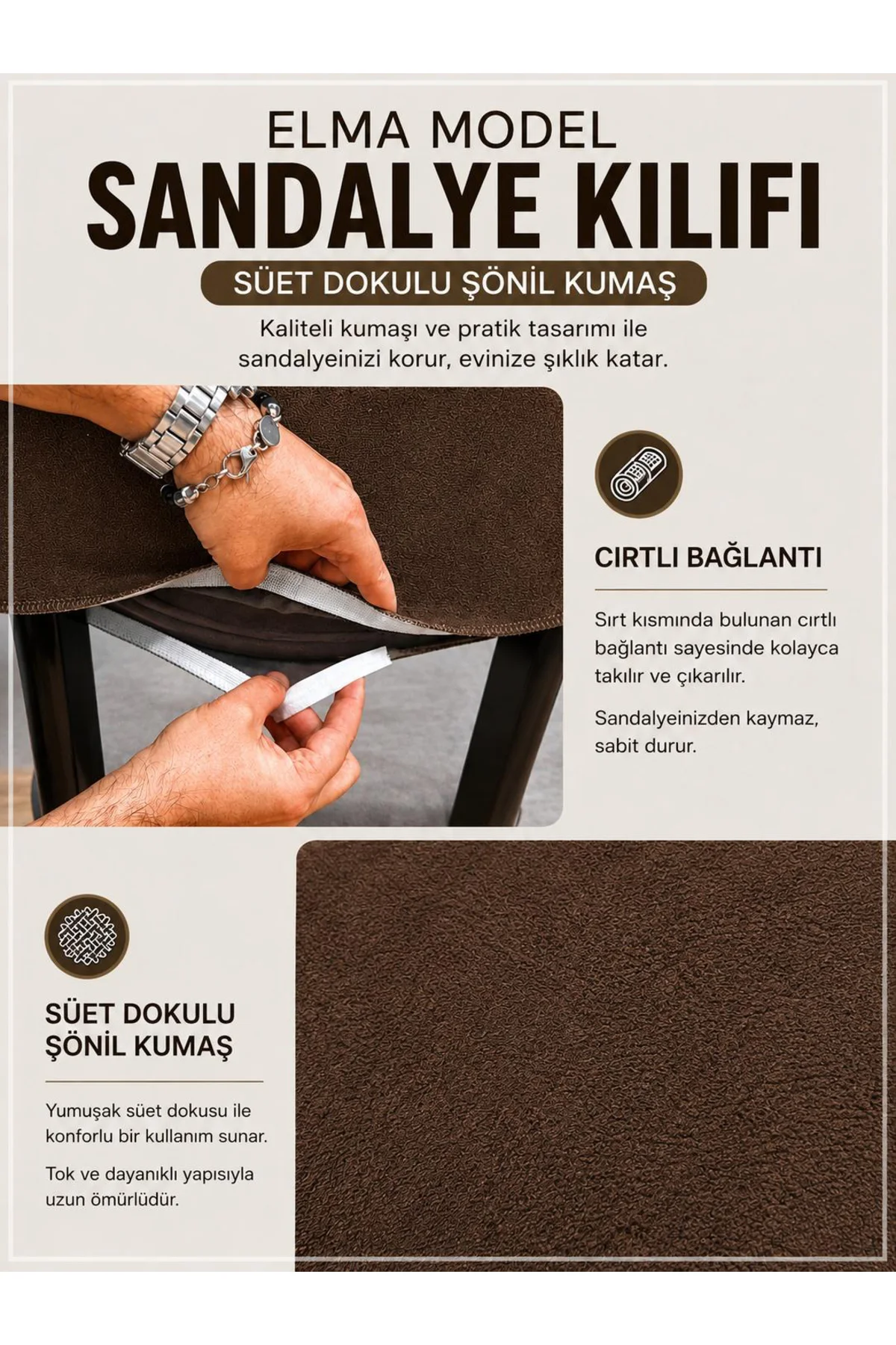 ELMA TİPİ SANDALYE KILIFI SÜET ŞÖNİL KUMAŞ, SIRT ARKASI DAHİL KAP