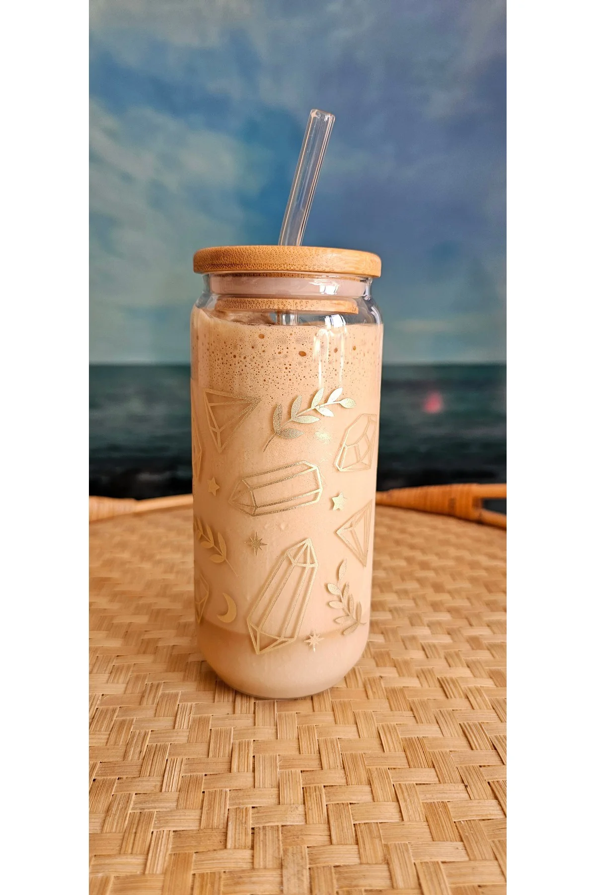 Elmas desenli, bambu kapaklı, cam pipetli, cam bardak, 400ml