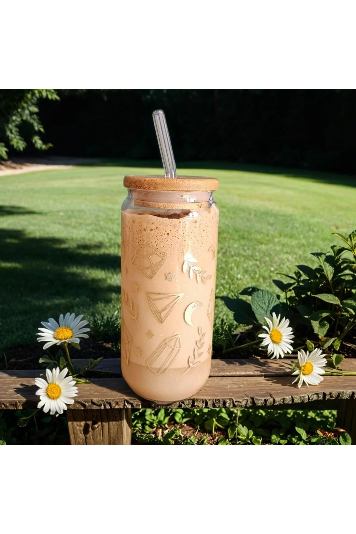 Elmas desenli, bambu kapaklı, cam pipetli, cam bardak, 400ml