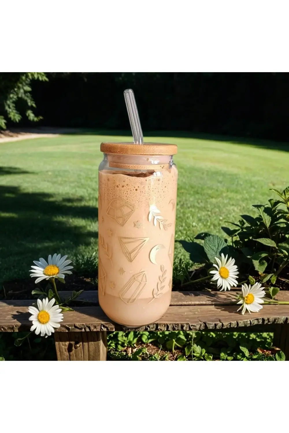 Elmas desenli, bambu kapaklı, cam pipetli, cam bardak, 400ml