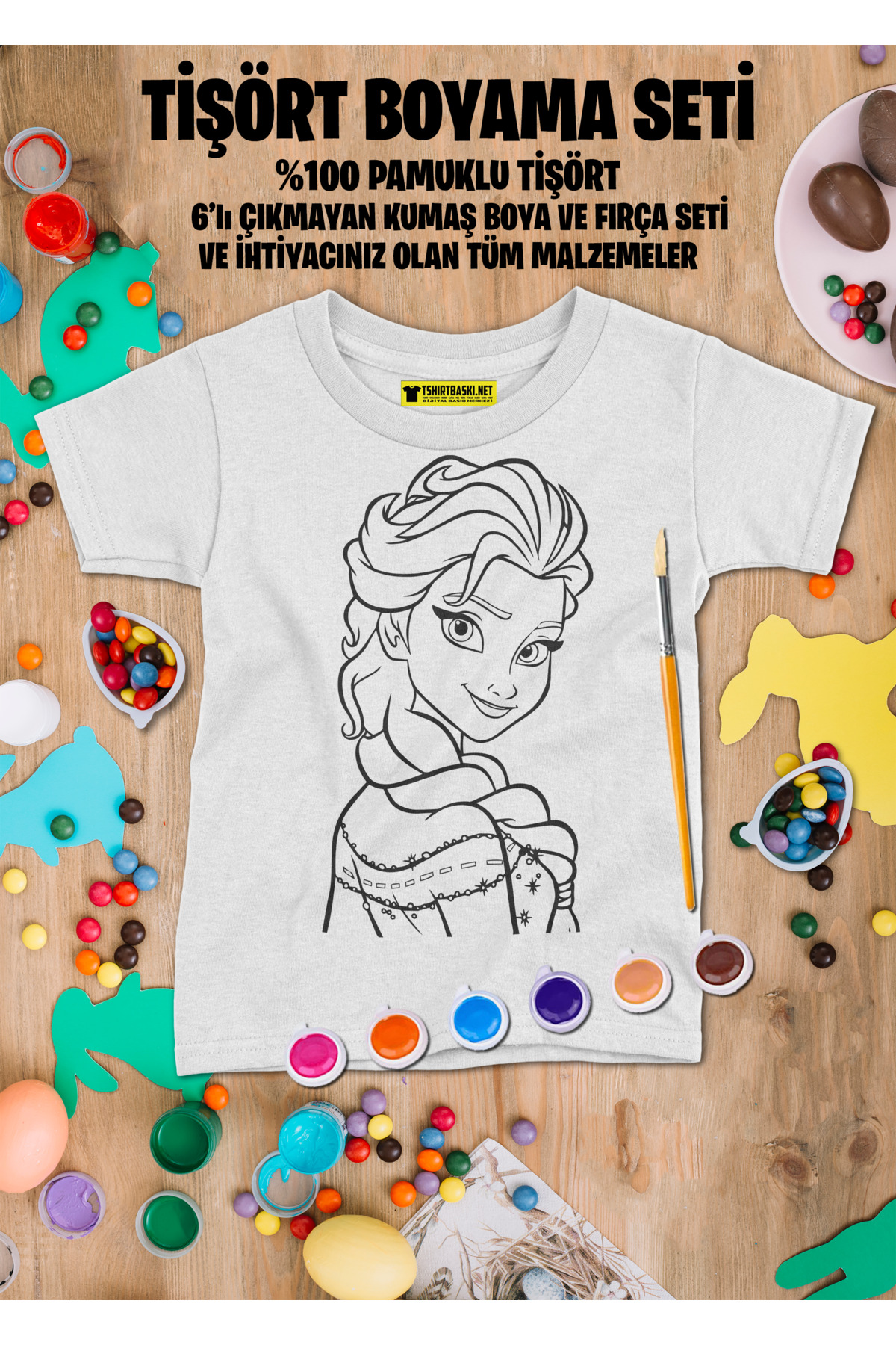 Elsa Desenli Çocuklar İçin Tişört Boyama Seti Fırçalı Full Set