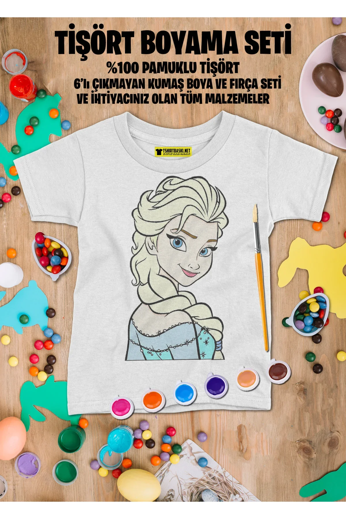 Elsa Desenli Çocuklar İçin Tişört Boyama Seti Fırçalı Full Set - Görsel 2