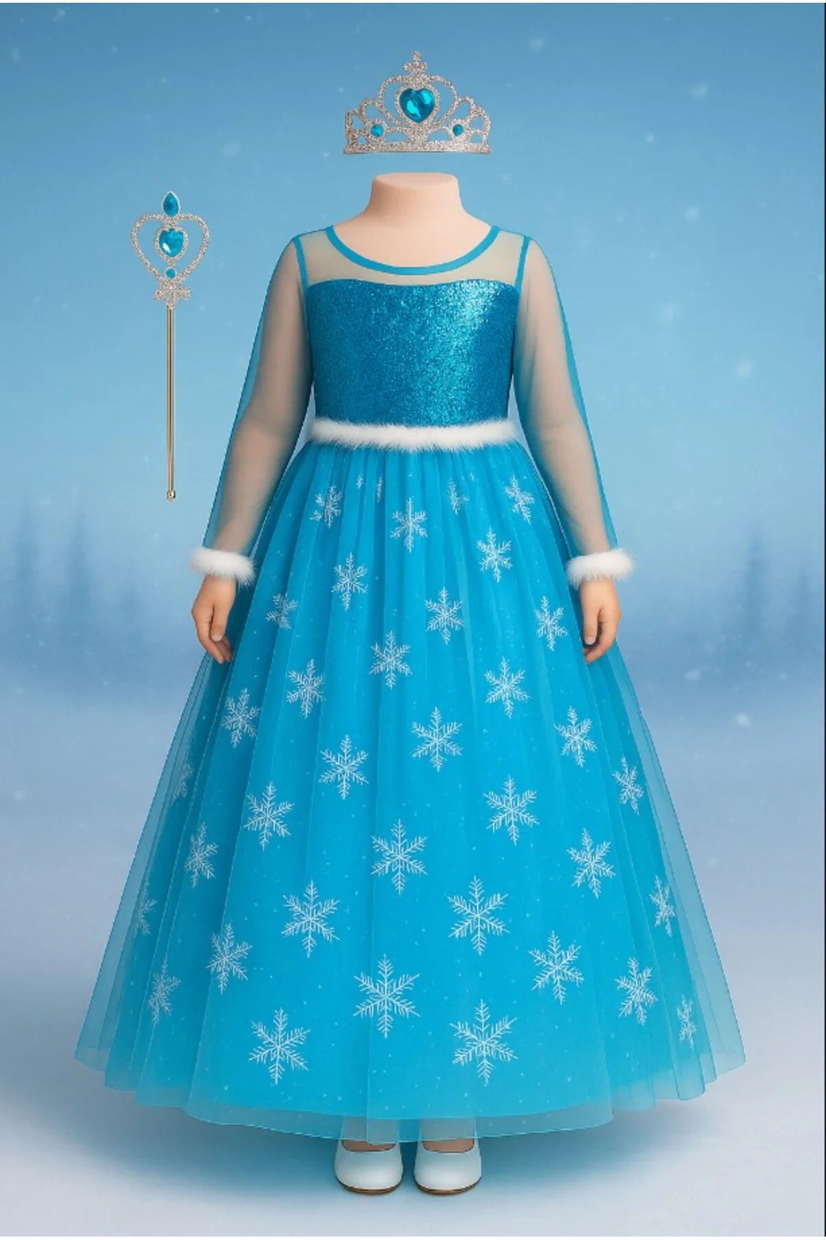 Seti Uzun Kollu Mavi Frozen Elbise + Taç + Asa | Kız Çocuk Karlar Ülkesi Kostümü Seti Uzun Kollu Mavi Frozen Elbise + Taç + Asa | Kız Çocuk Karlar Ülkesi Kostümü
