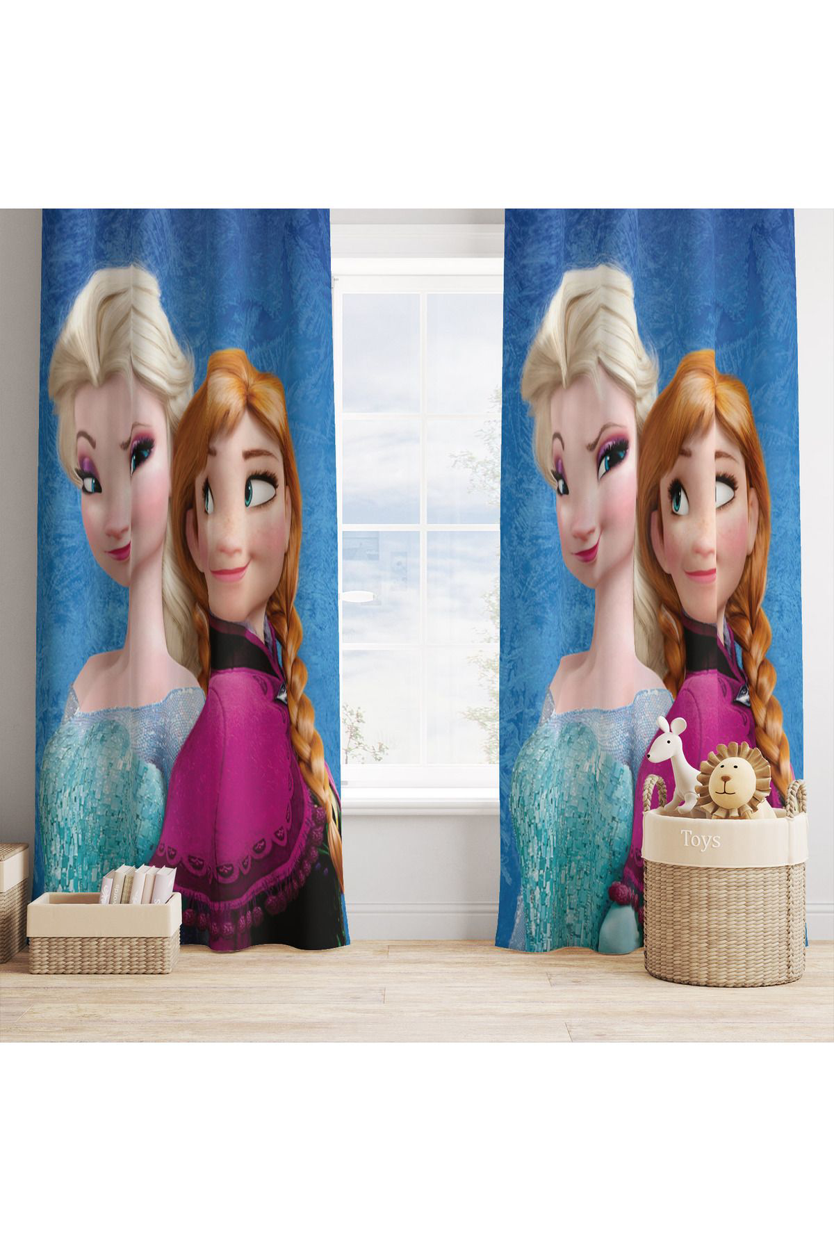 Evan Home Elsa Ve Anna Desenli Çocuk Odasi Takim Perde (İki Kanat),Yatak Örtüsü,Yastik,Kirlent ,Hali,Tablo