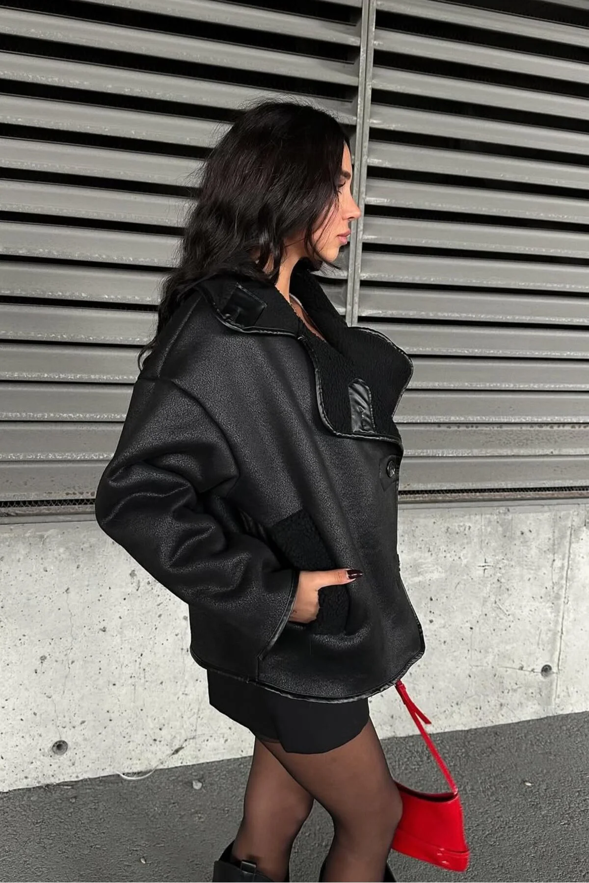 Else Siyah Dokulu Süet Içi Peluşlu Oversize Zr Model Mont