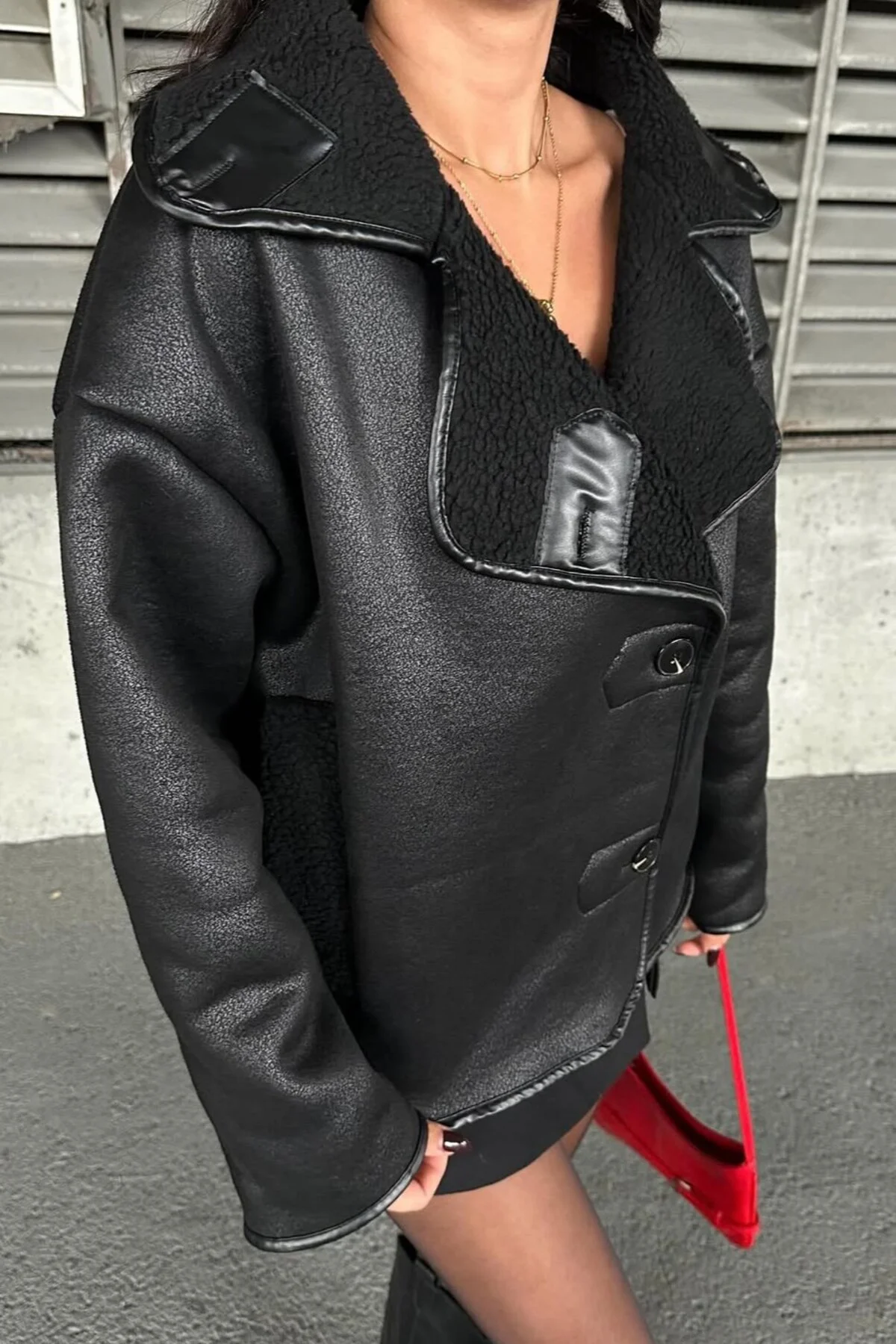 Else Siyah Dokulu Süet Içi Peluşlu Oversize Zr Model Mont