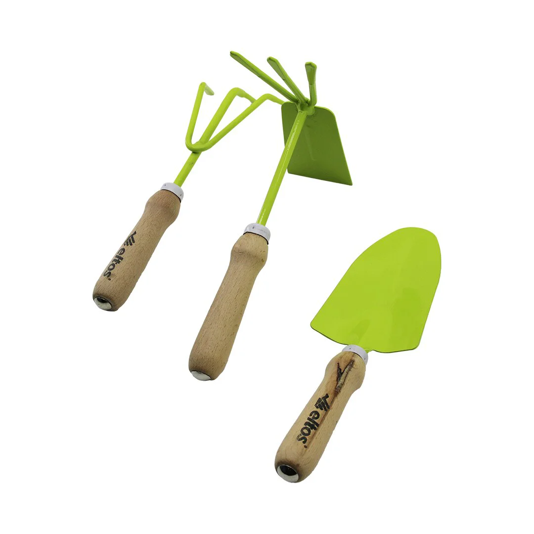 Eltos EBS-003 3PCS Bahçe Hobi Seti Renkli Metal Çift Başlı Çapa - 3 Dişli Tırmık - Kürek Ahşap Saplı