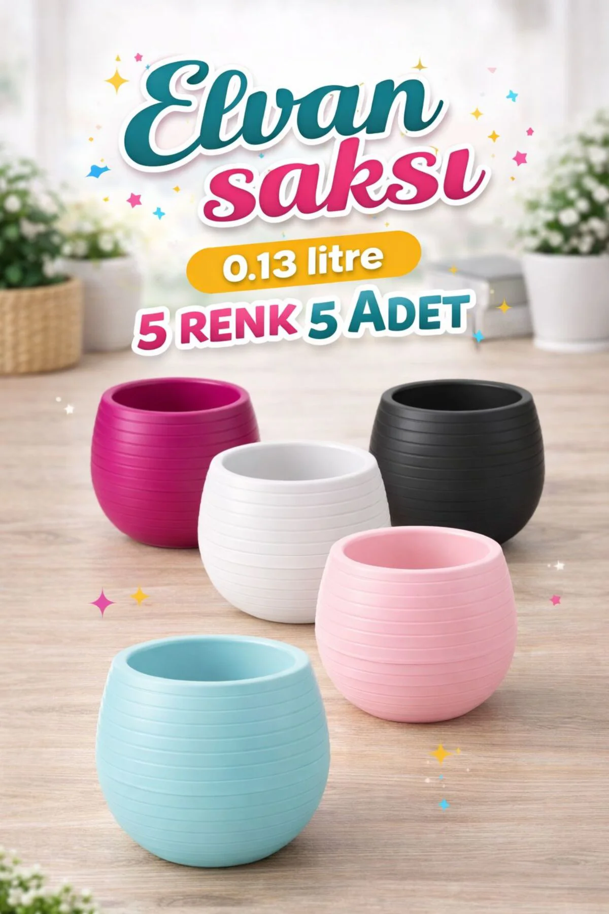 Elvan Saksı 5'li Set 0,13 litre- 5 renk dekoratif mini saksı