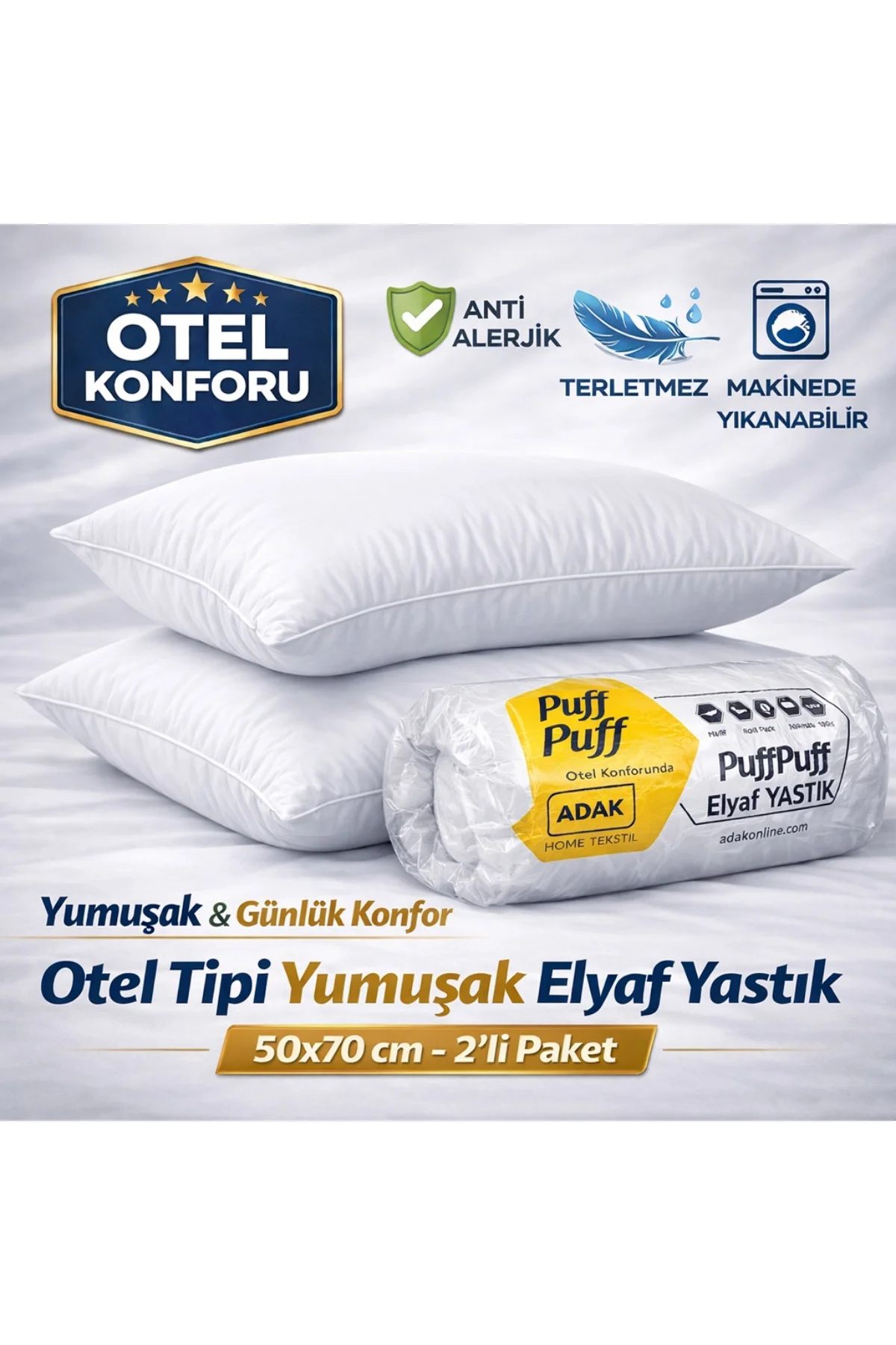 Elyaf Yastık 50x70 cm 2’li Paket – Yumuşak, Anti Alerjik, Terletm