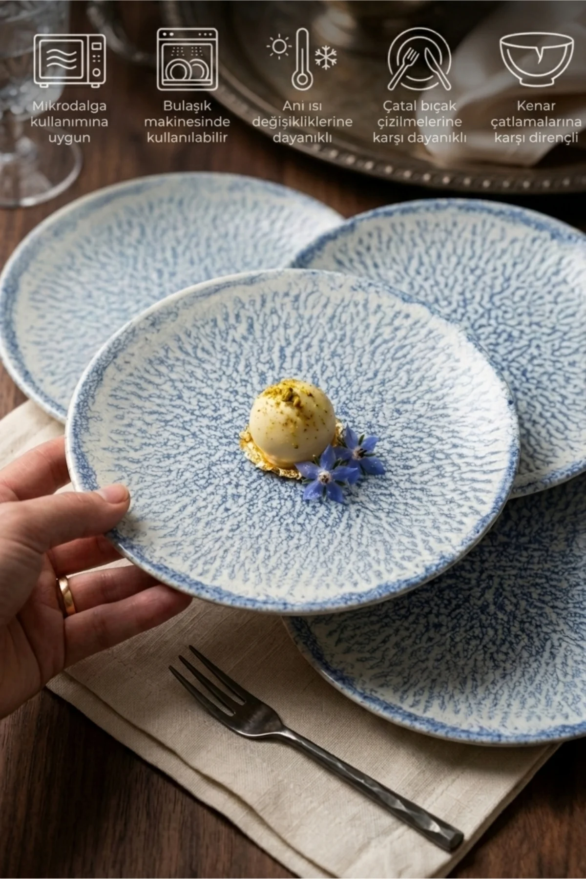 Elygon Pergamon Mavi 20cm 6 Adet Pasta Sunum Tabağı Profesyonel H
