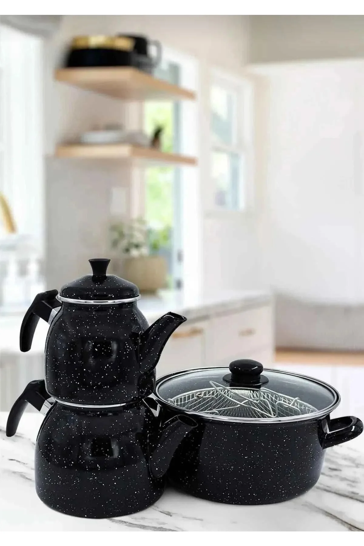 Emaye Çaydanlık ve 22 cm Kızartma Tenceresi Seti Midnight Dalmaçy