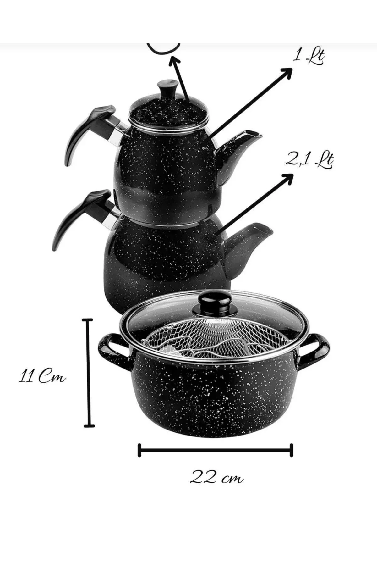 Emaye Çaydanlık ve 22 cm Kızartma Tenceresi Seti Midnight Dalmaçy