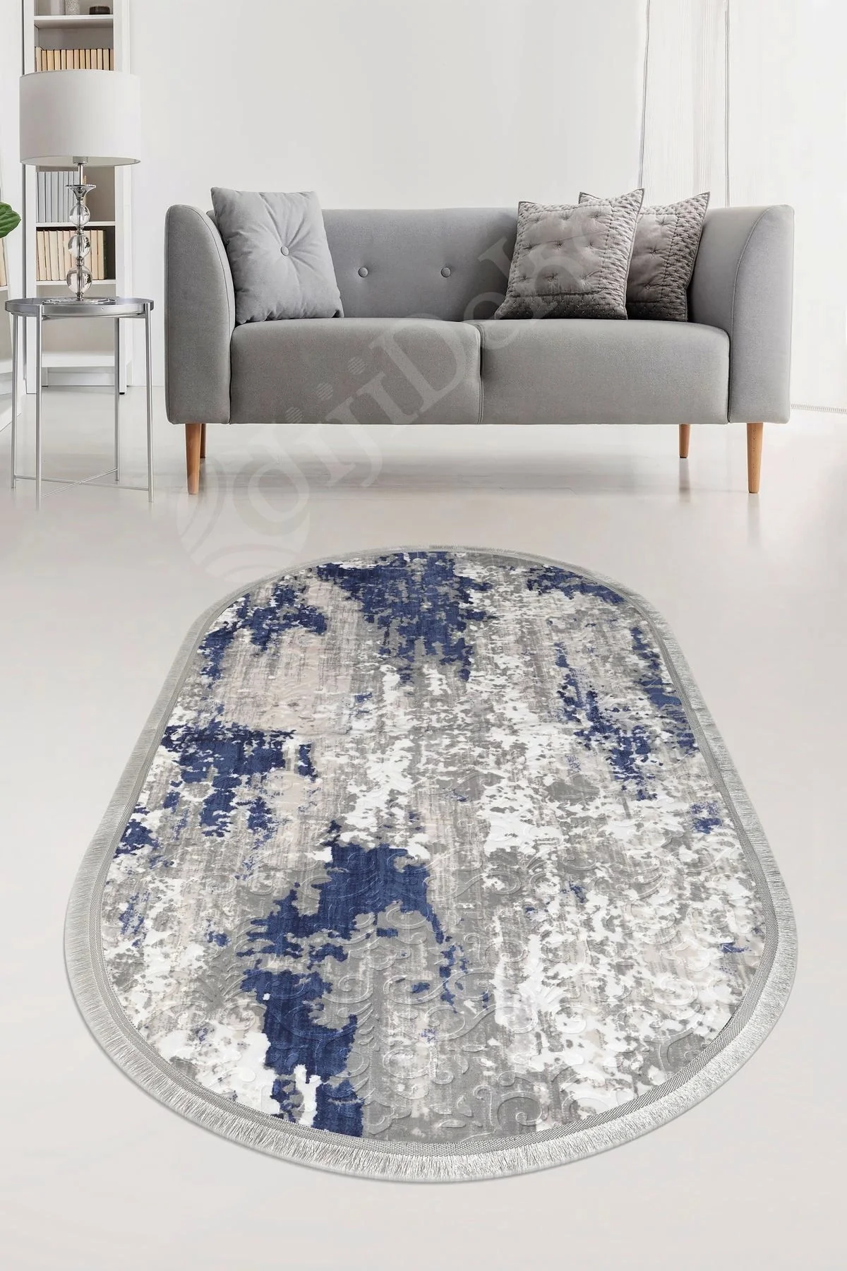 Embos Oval Saçaklı Halı Açık Lacivert Silinebilir 200x250